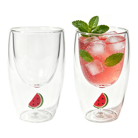Set of 2 300ml Watermelon Double Wall Glass Cup