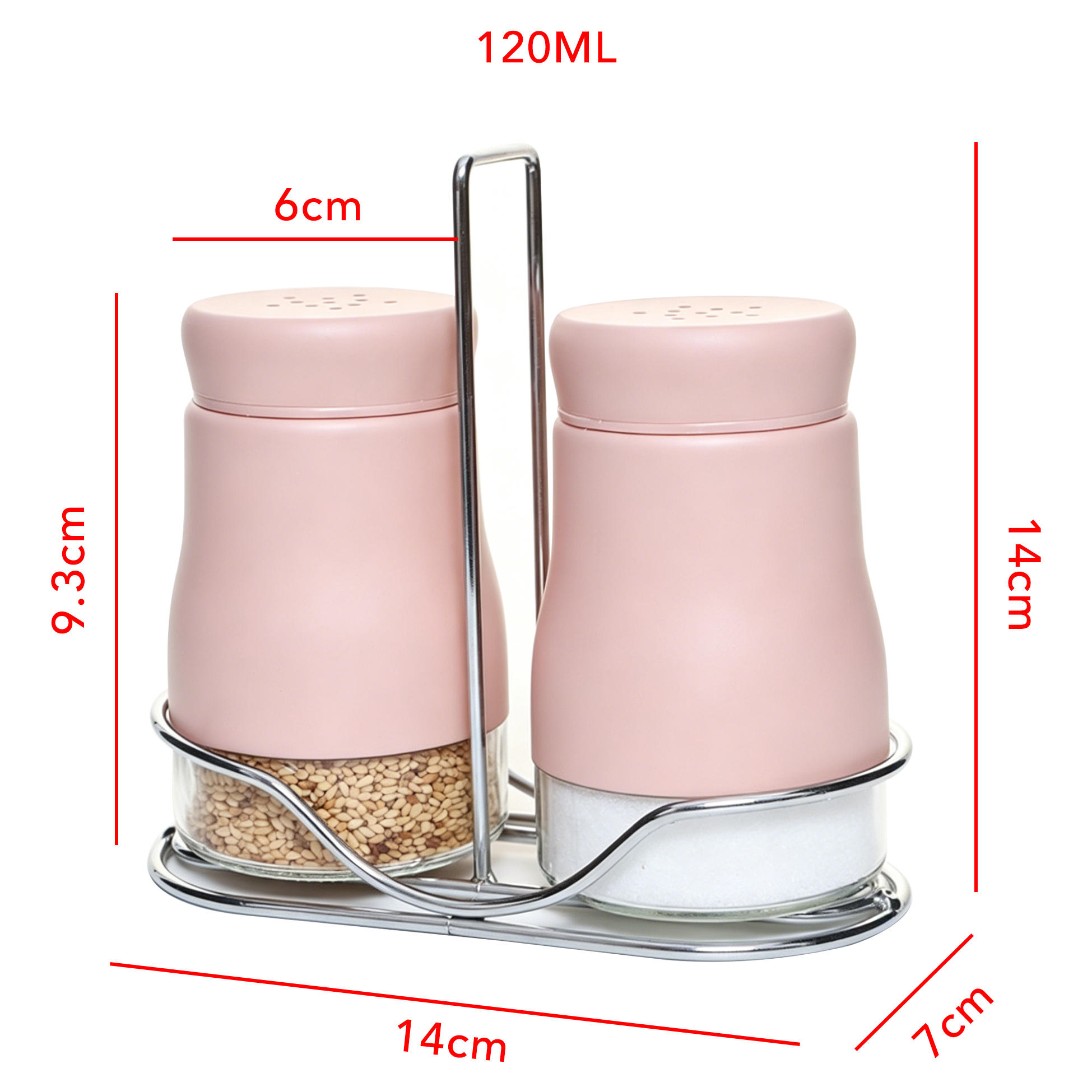 Pink Salt And Pepper Shakers Set with Metal Stand