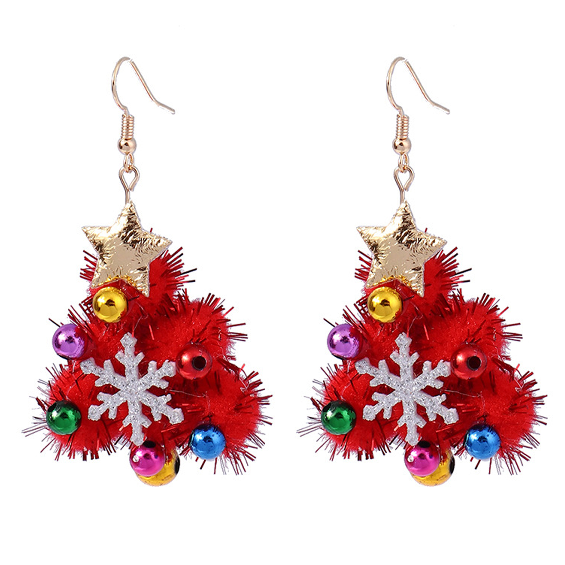 Red Fluffy Pom Pom Christmas Tree Earrings with Star Snowflake and Bells