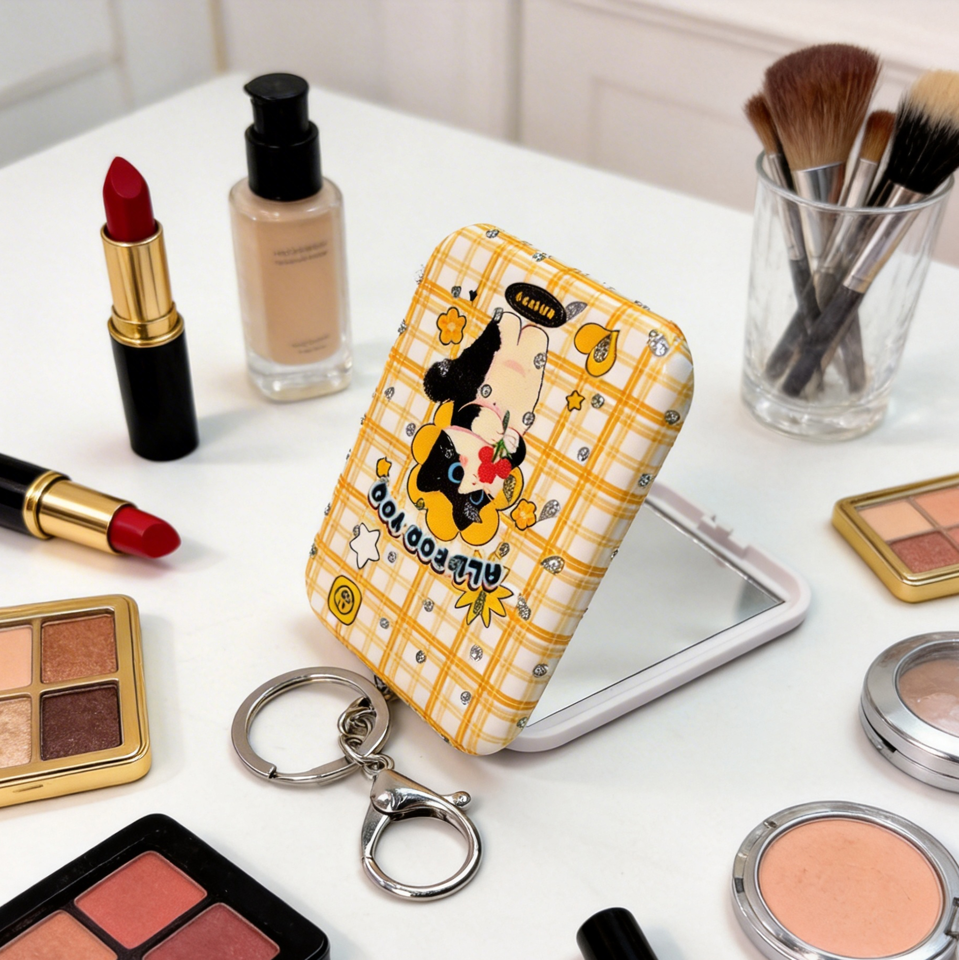 Yellow Plaid Cat Print Compact Mirror