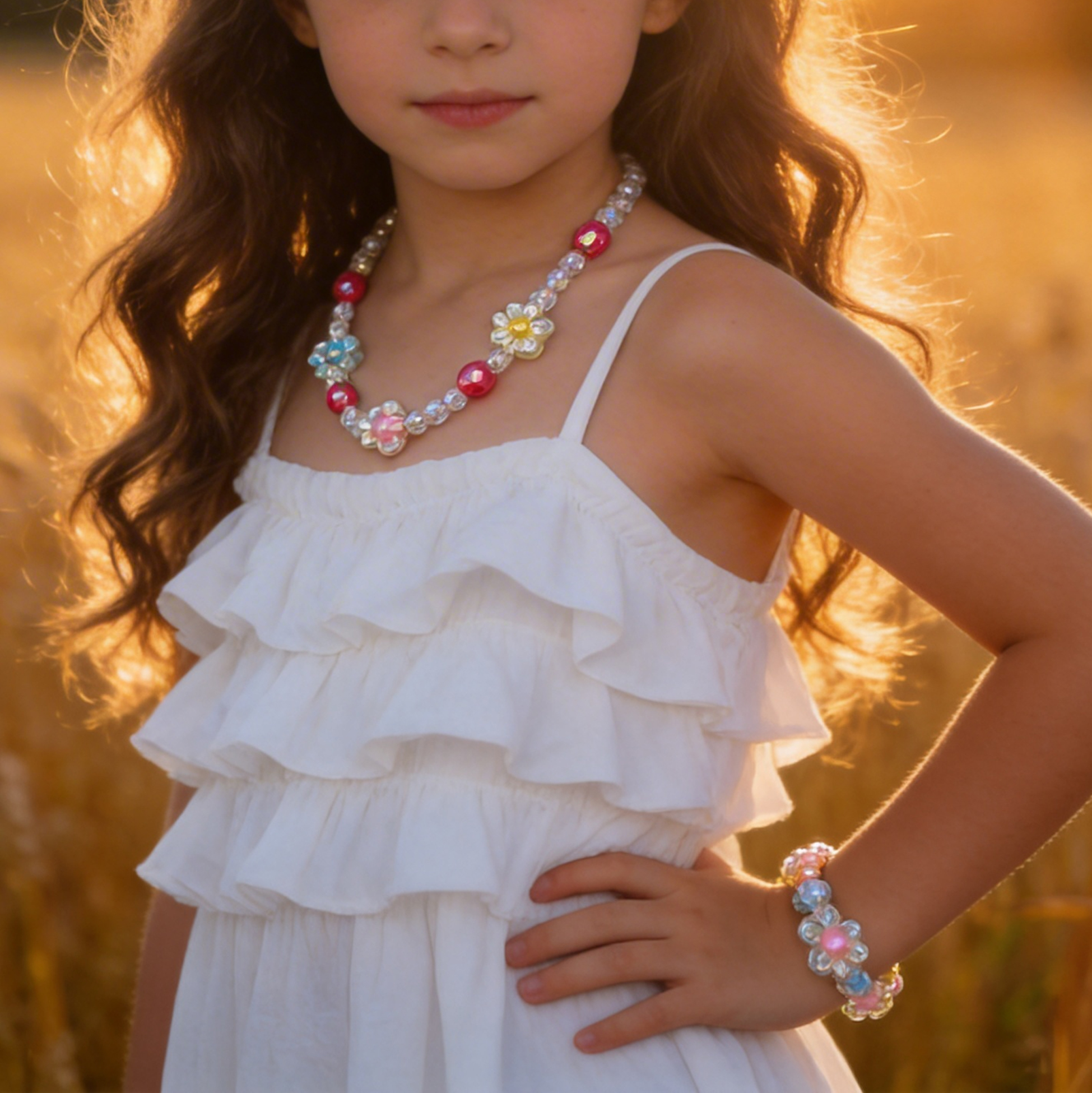 Kids Flower Beaded Necklace And Bracelet Set