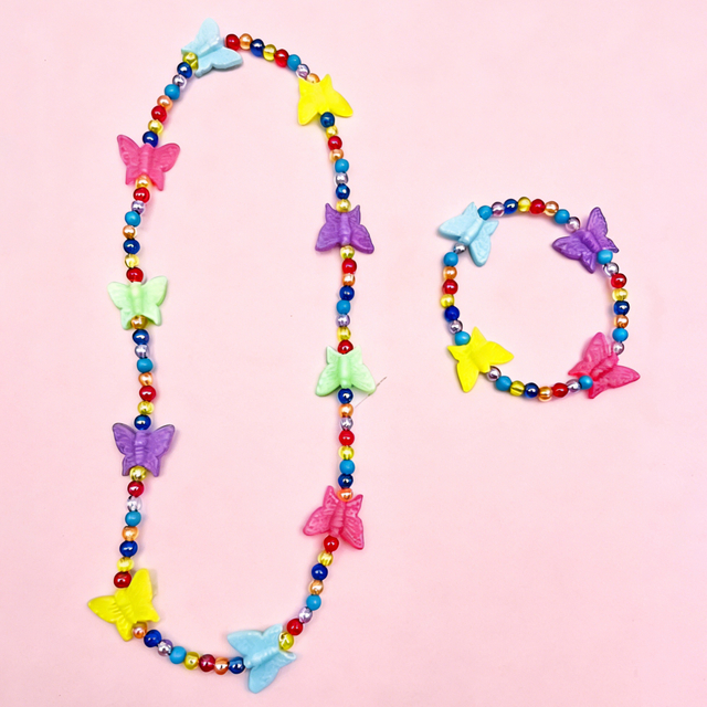 Kids Colorful Butterfly Beaded Necklace And Bracelet Set