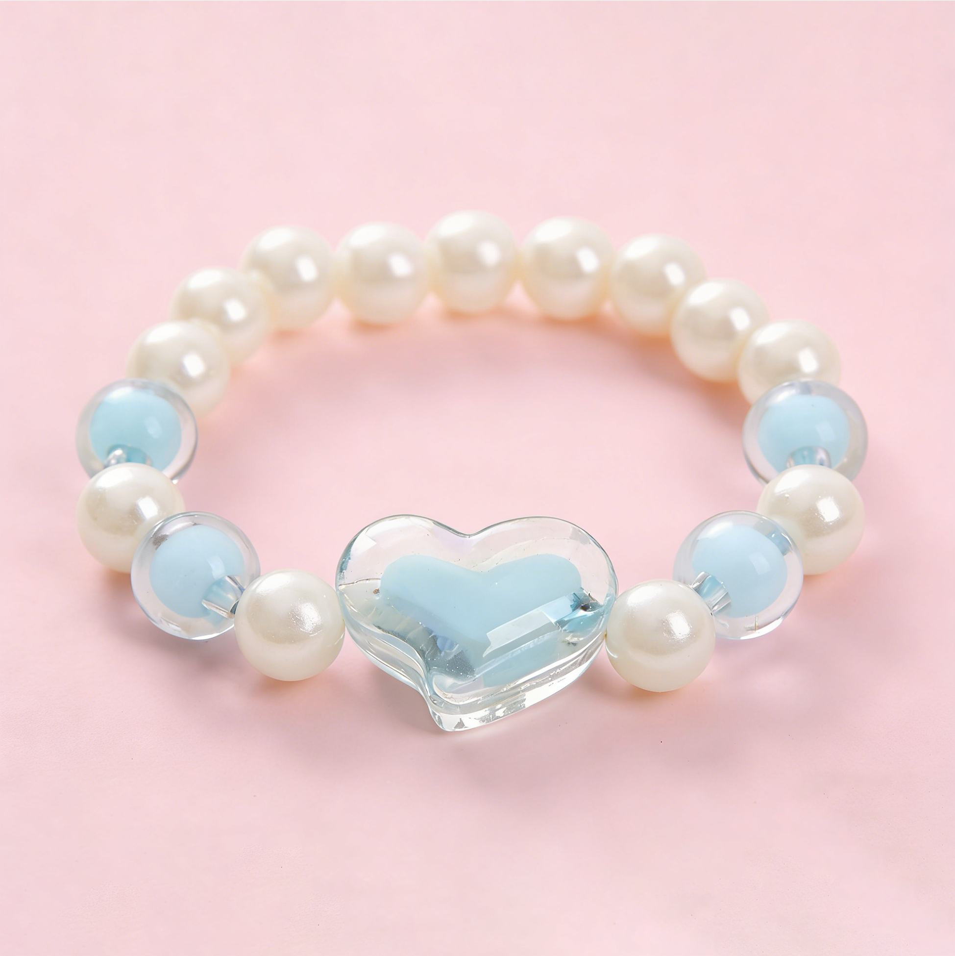 Kids Blue Heart Faux Pearl Beaded Bracelet