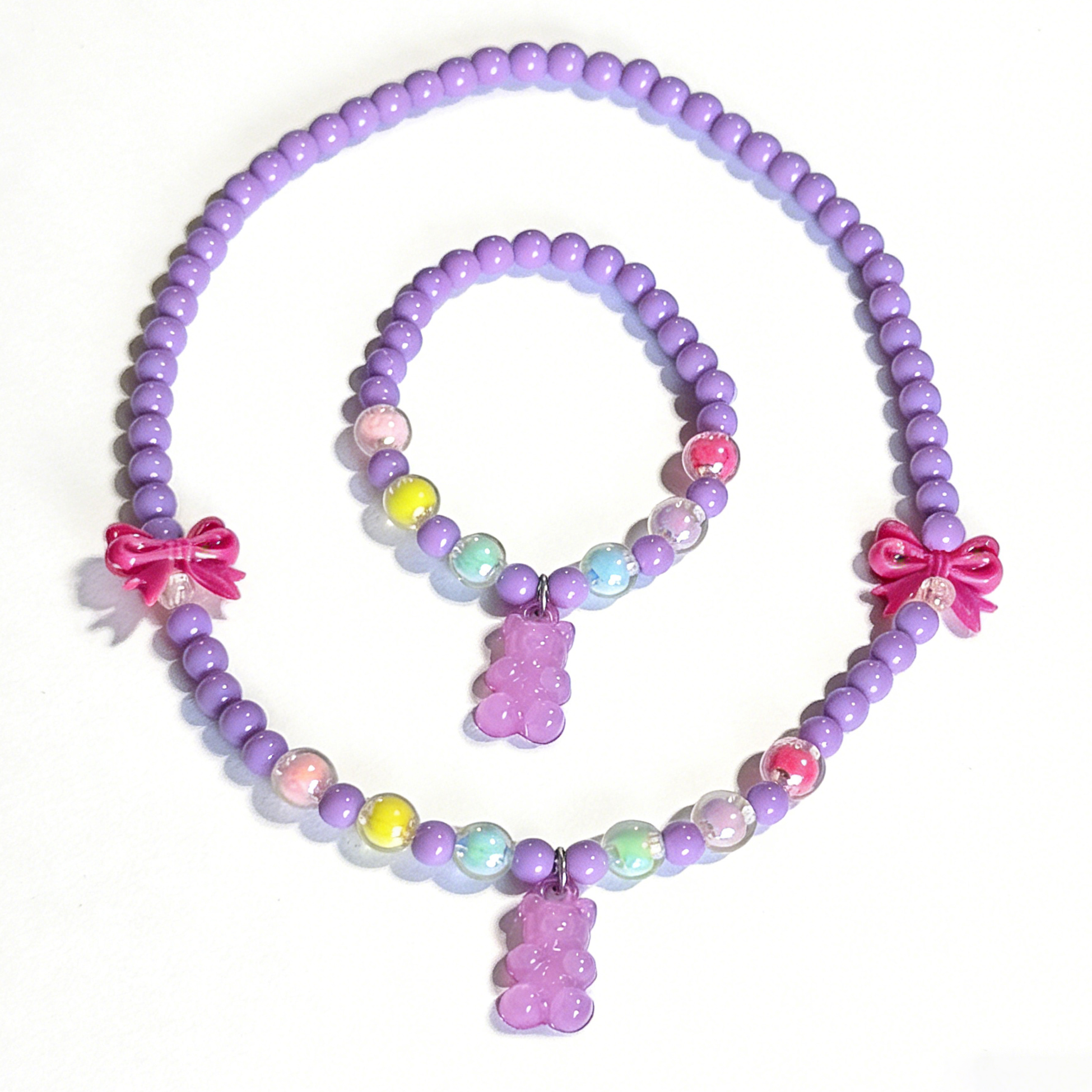 Kids Purple Gummy Bear Beaded Necklace And Bracelet Set