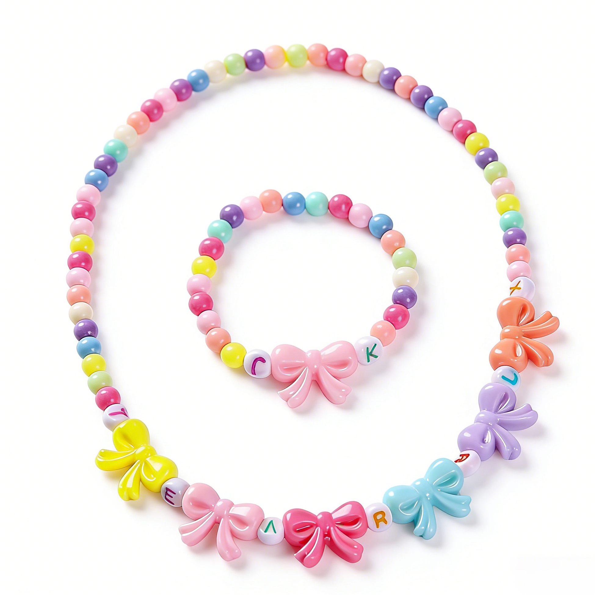 Kids Colorful Bow Beaded Necklace And Bracelet Set