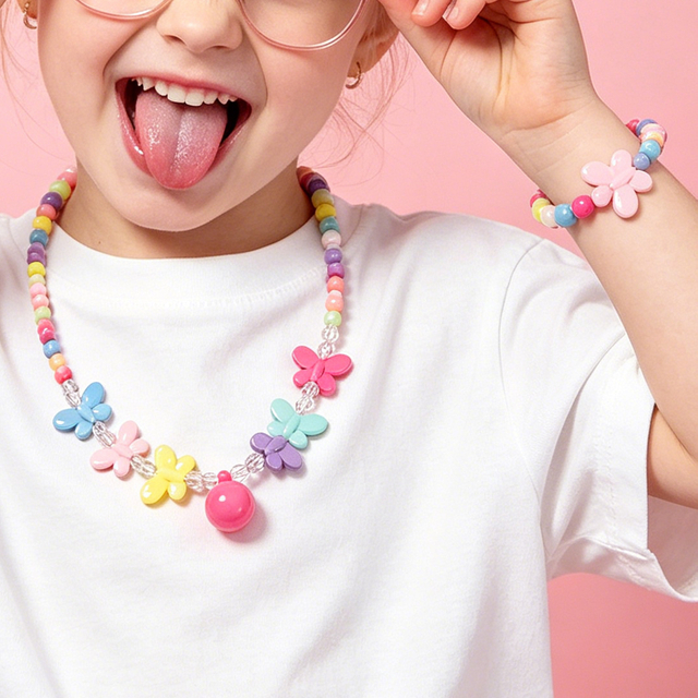 Kids Colorful Flower Beaded Necklace And Bracelet Set