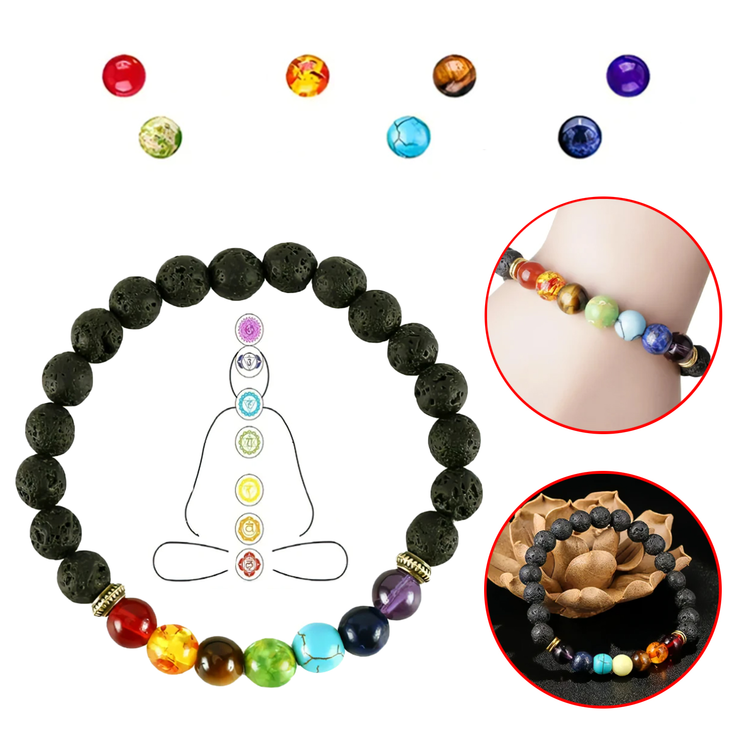 Natural Lava Stone Beads Healing Balance Chakra Charm Bracelet Stretch Beads Bracelet Jewelry for Men And Women Gift Prayer Stone Yoga Chakra Bracelet