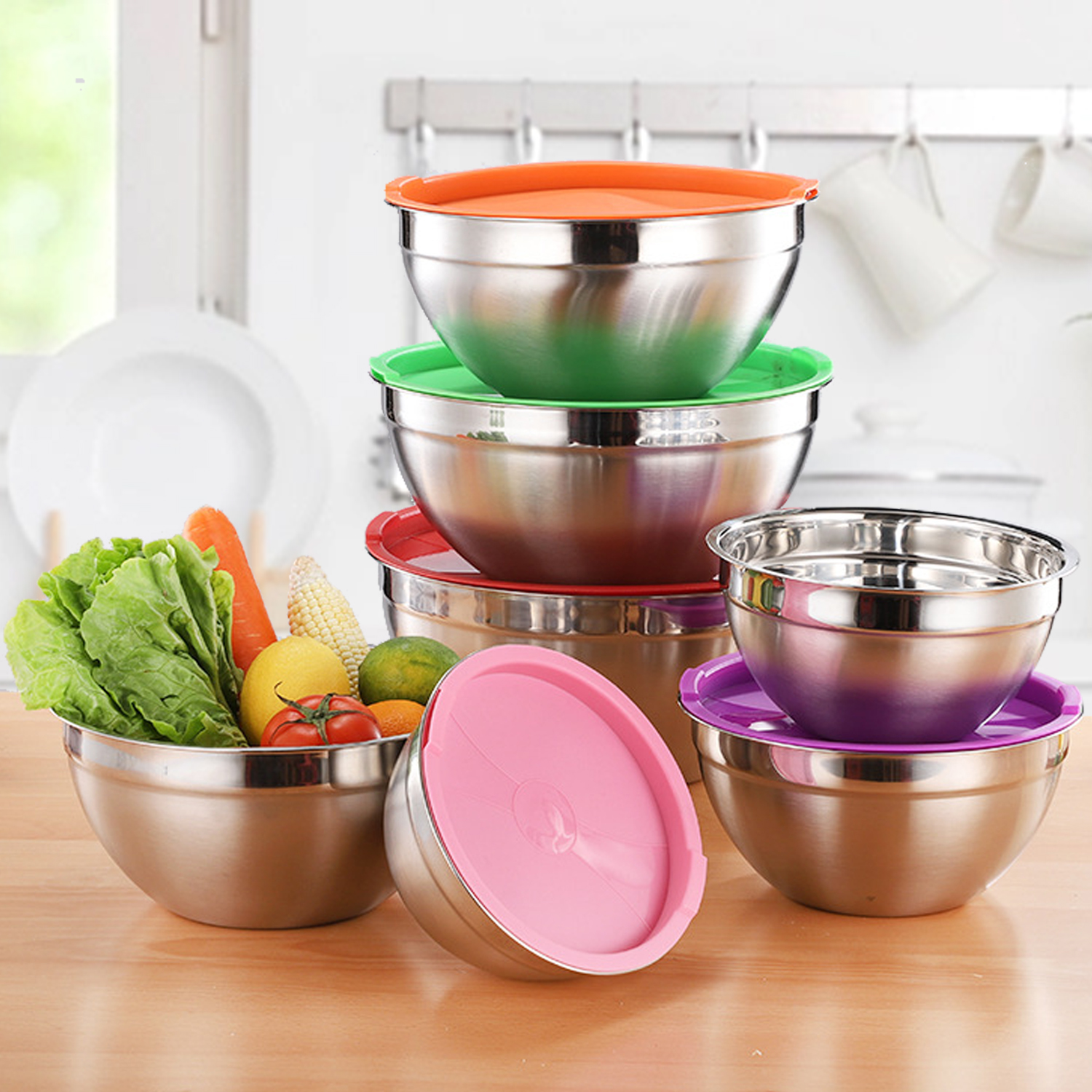 Colorful Stainless Steel Salad Bowl With Lid Kitchen Egg Mixing Bowls 7 Sizes Set For Cooking Baking