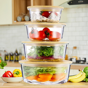 Round Glass Crisper Round Glass Food Container Bamboo Lid 400ml 620ml 950ml 1300ml Eco Friendly Thermal Food Container Lunch Box with Silicon Ring