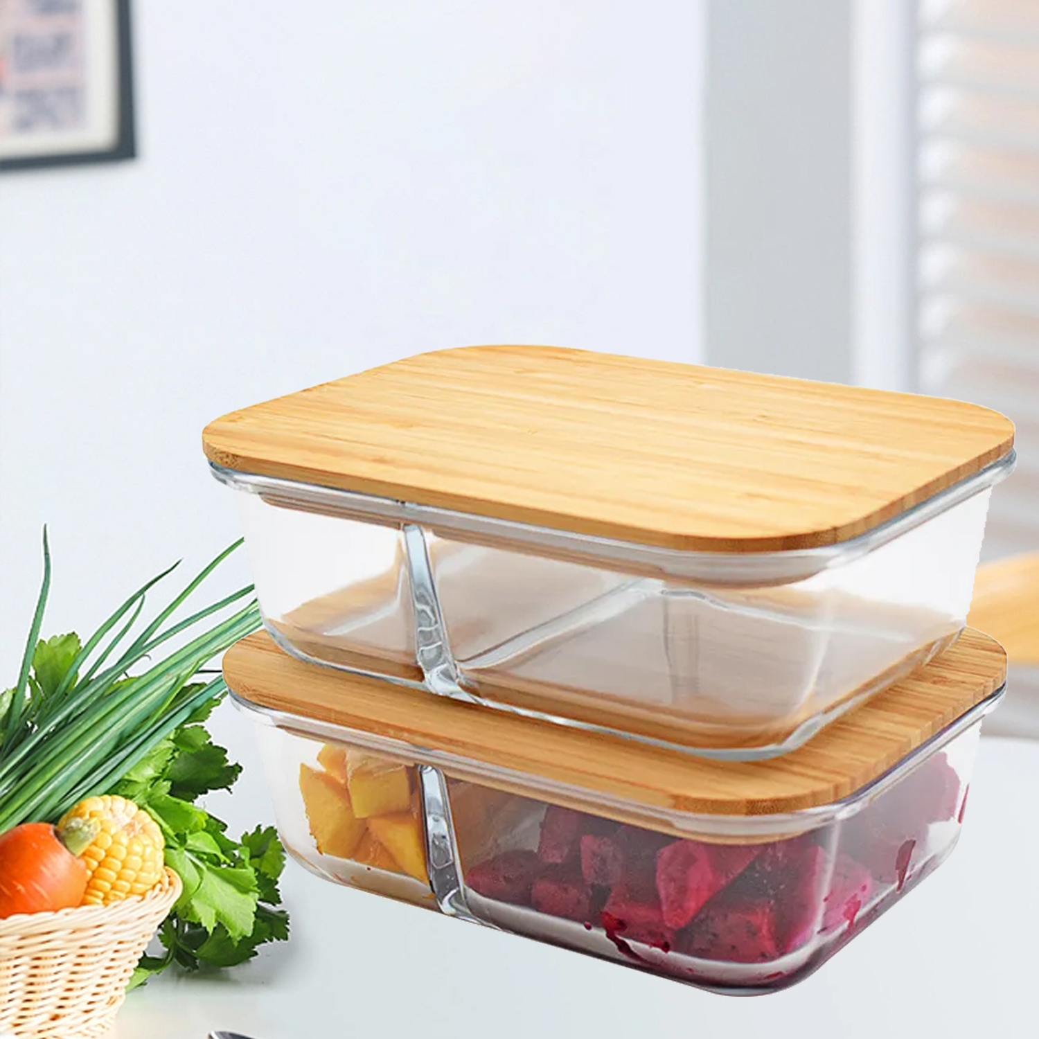 Glass Lunch Box Bamboo Wood Cover Fresh Bowl Storage Box Portable Microwave Students Picnic Bento Food Container