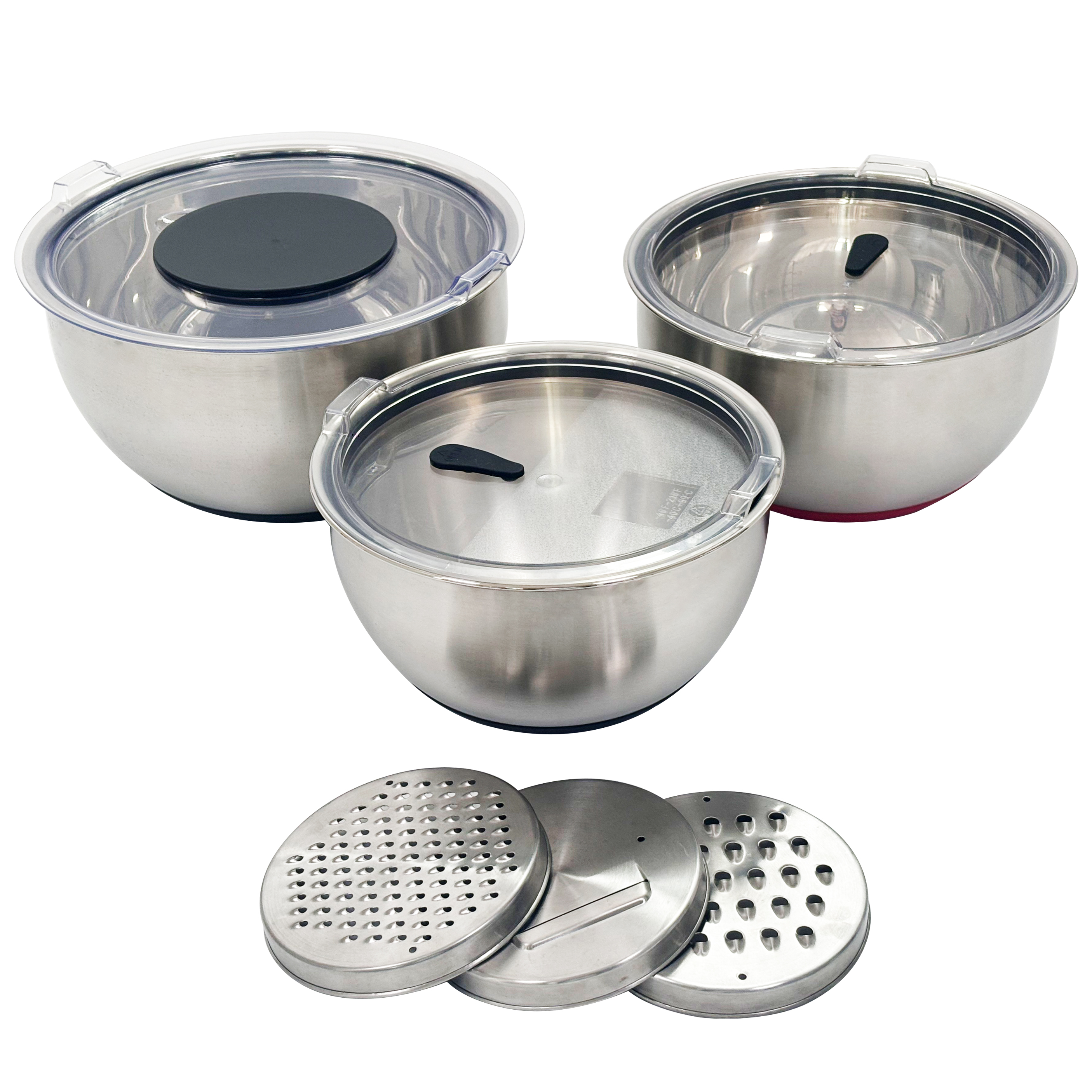 3-Piece Stainless Steel Salad Mixing Bowl Set with Transparent Lids And 3 Interchangeable Graters