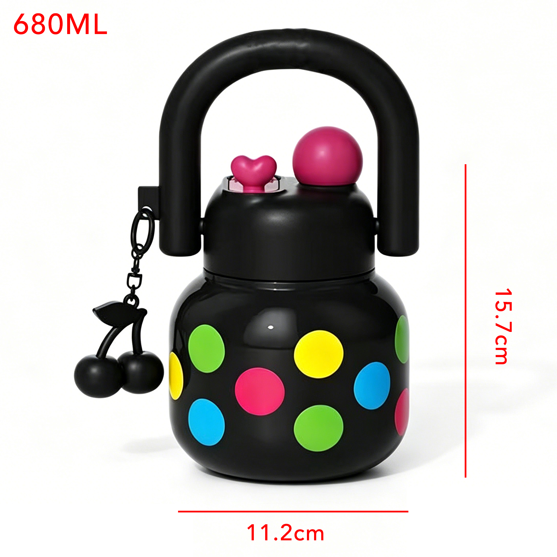 680ML Cute Insulated Water Bottle with Handle & Cherry Charm