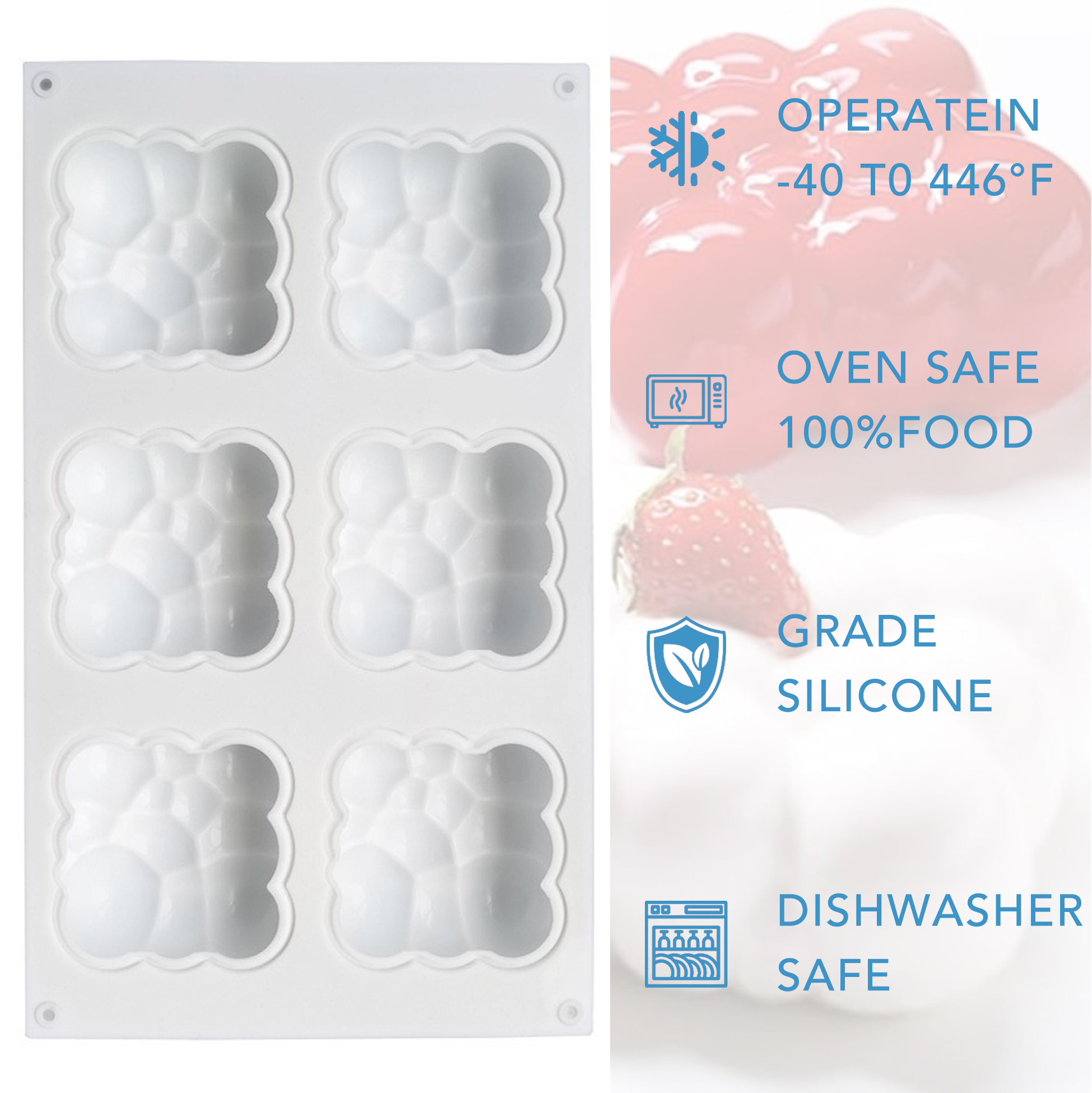 6 Cavity Cloud Silicone Mousse Cake Mold, 3D Bubble Square Silicone Mold