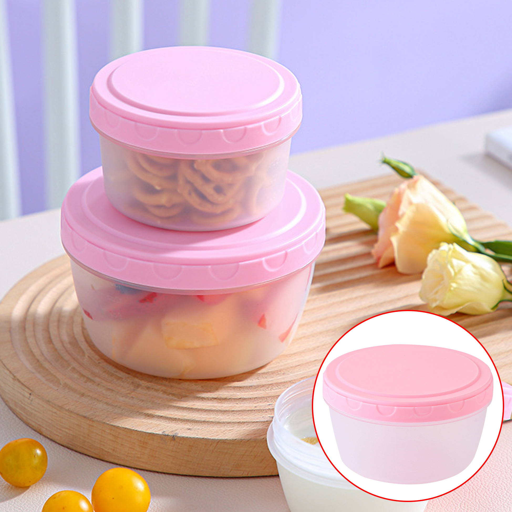 Round Plastic Food Storage Container with Pink Lid