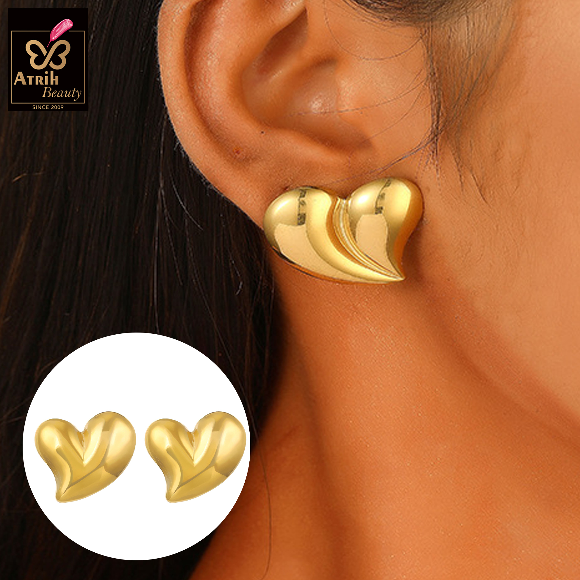 2 Piece Gold Plated Heart Shaped Stud Earrings 