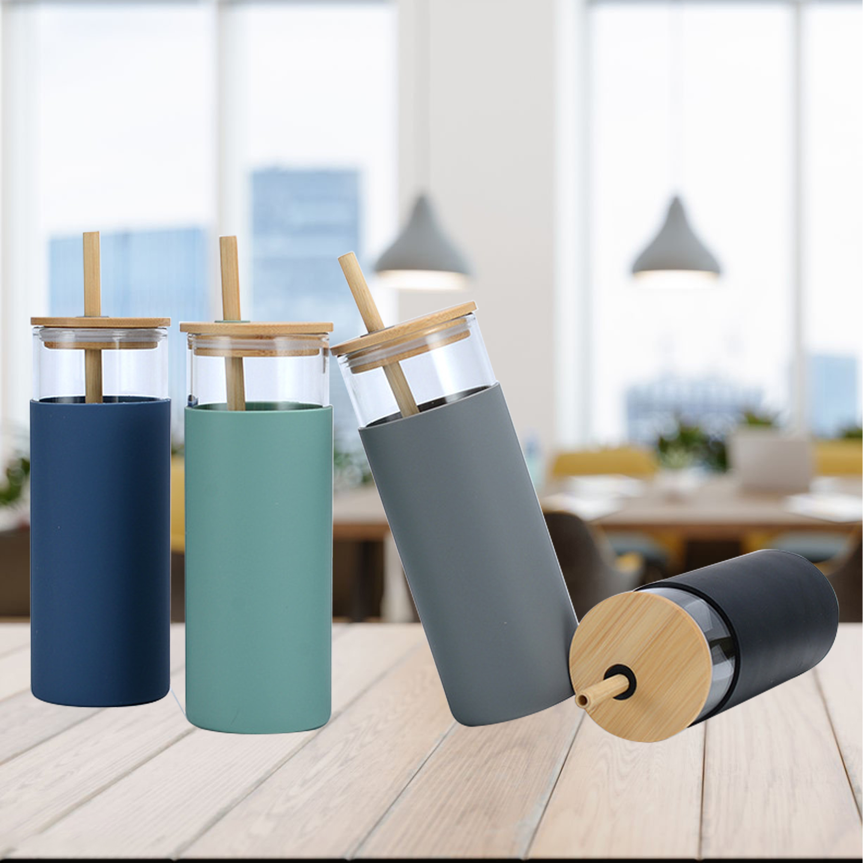 Glass Tumbler with Straw And Lid Bamboo Silicone Protective Sleeve