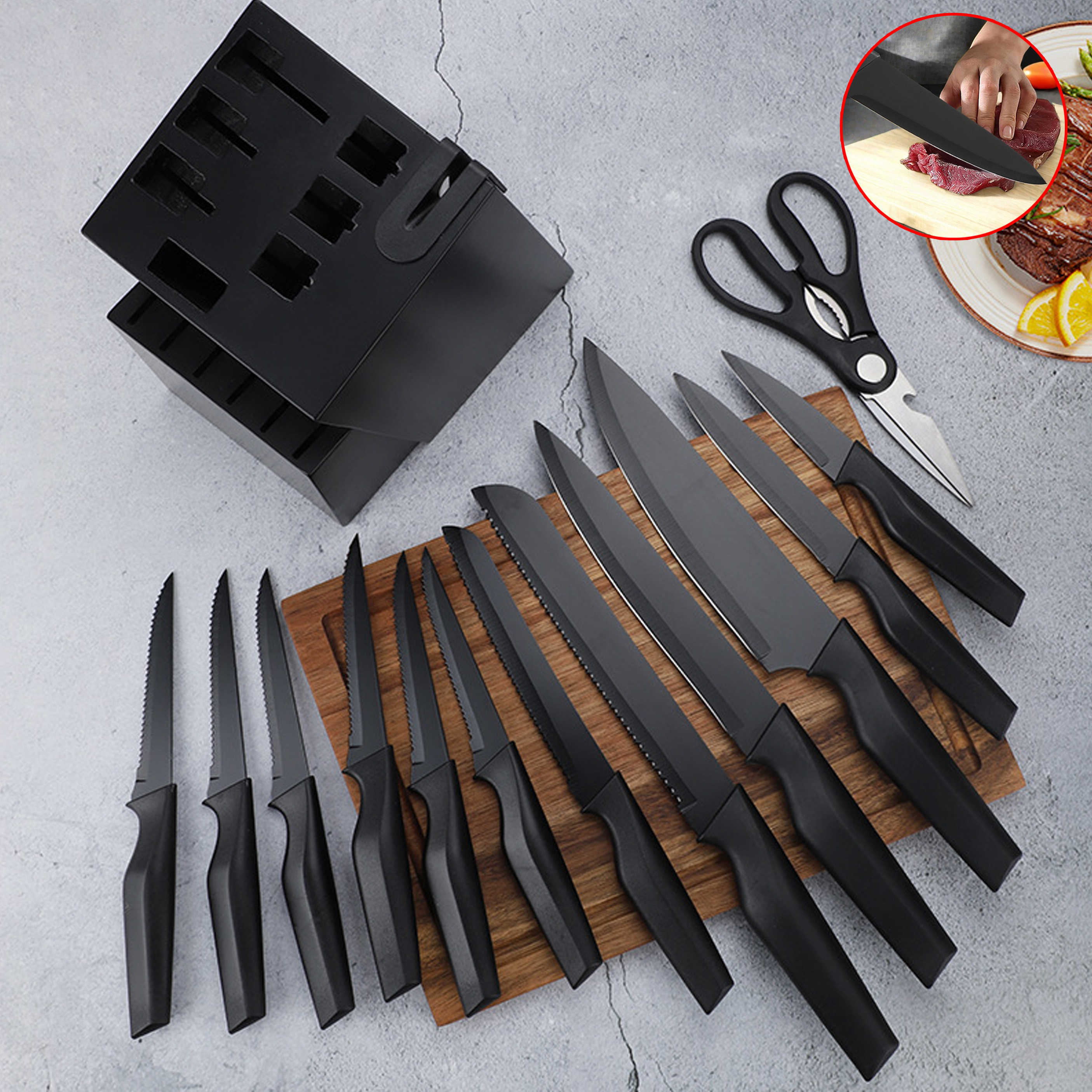 17 - Piece Black Kitchen Knife Set with Block And Shears