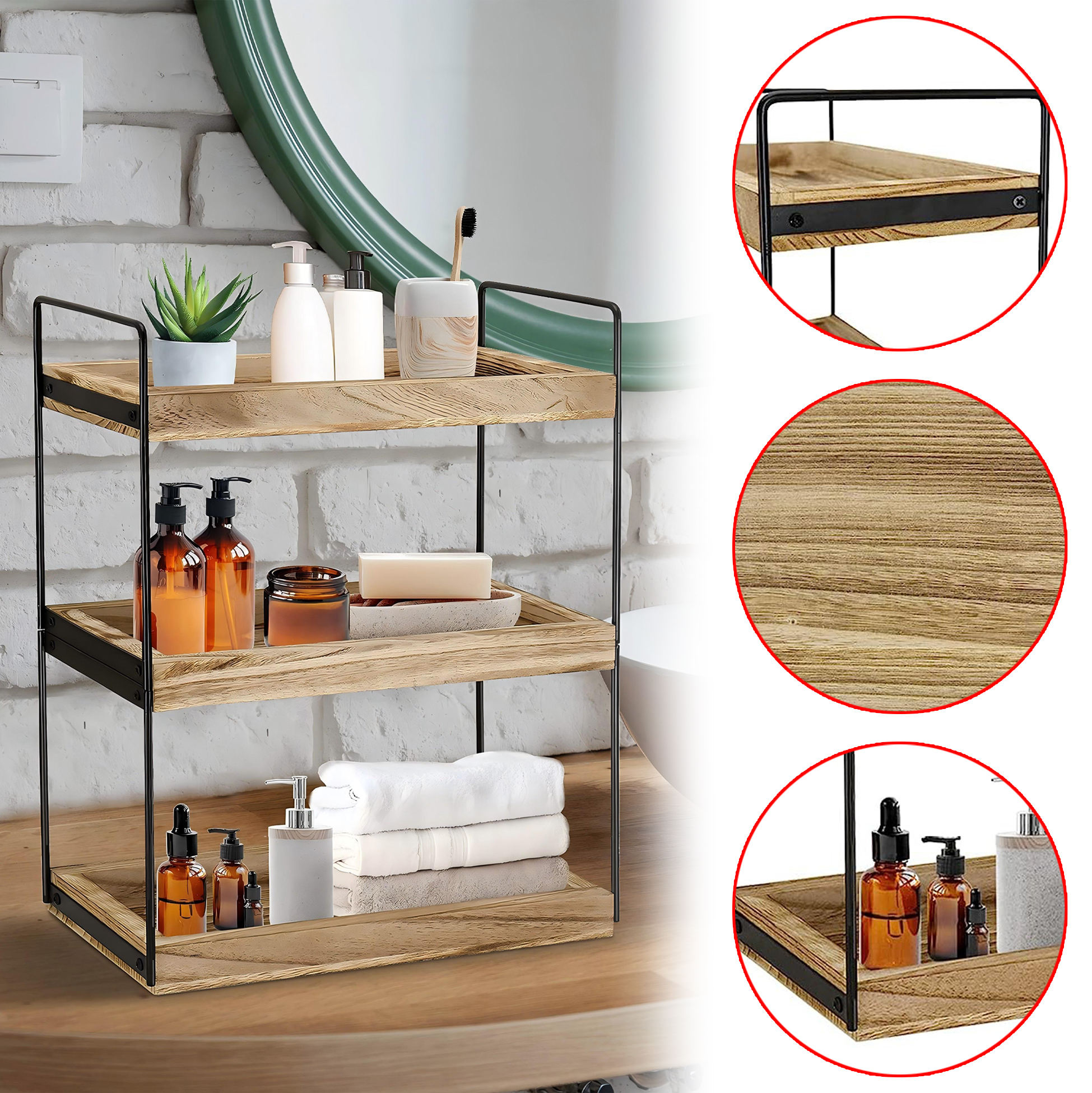 3 Tier Industrial Style Metal And Wood Bathroom Storage Shelf