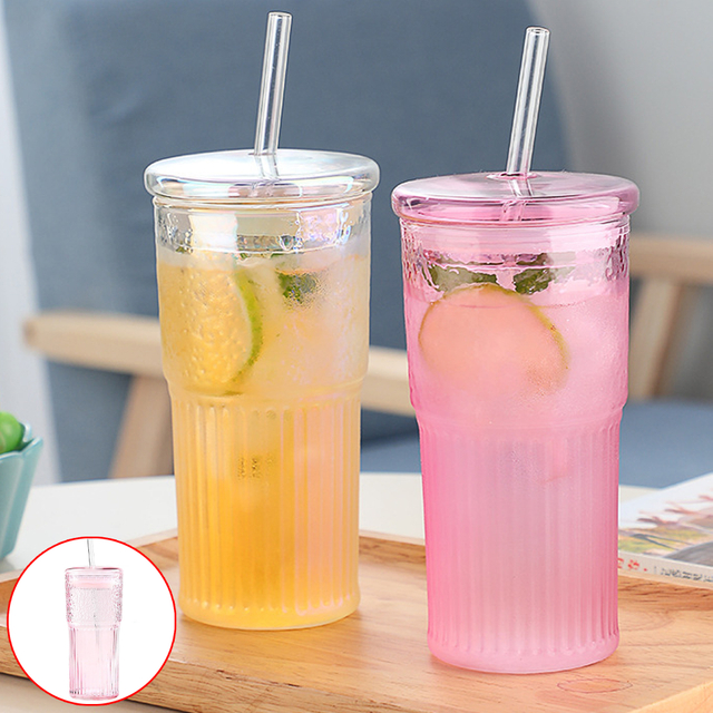 650ML Ribbed Glass Tumbler with Straw and Lid