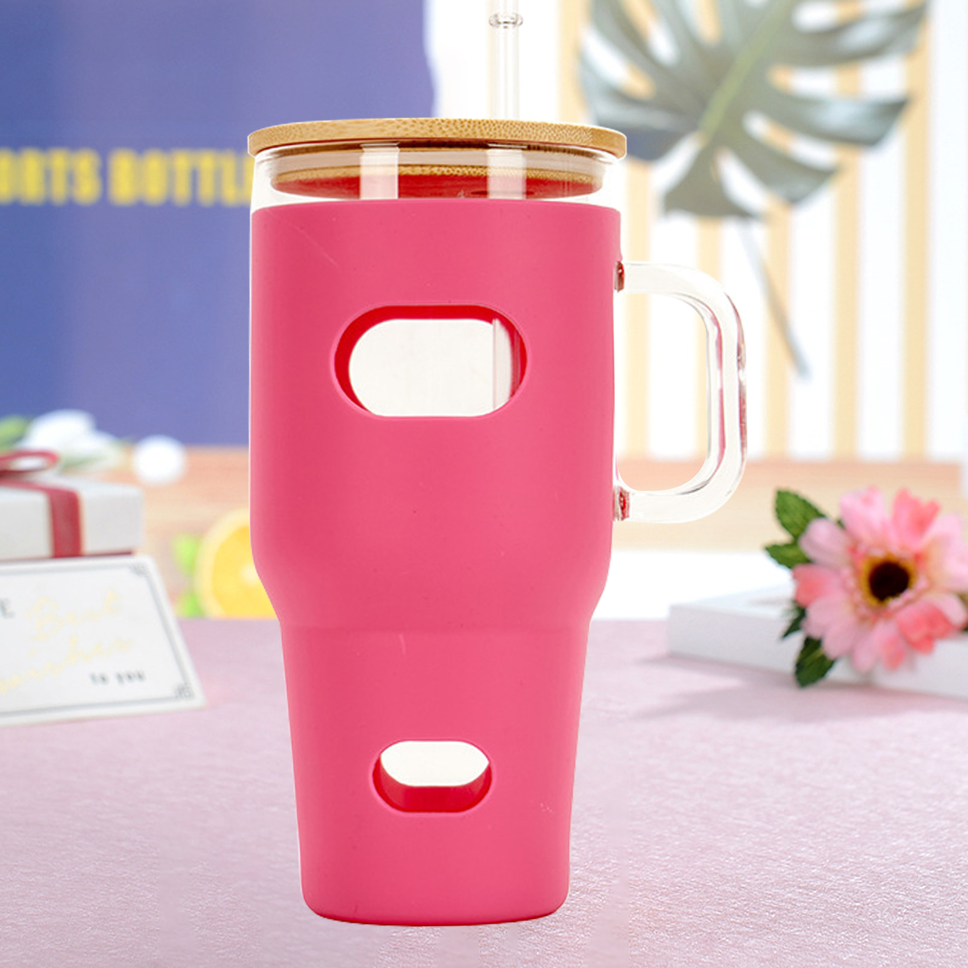 600ML Glass Tumbler with Silicone Sleeve and Bamboo Lid