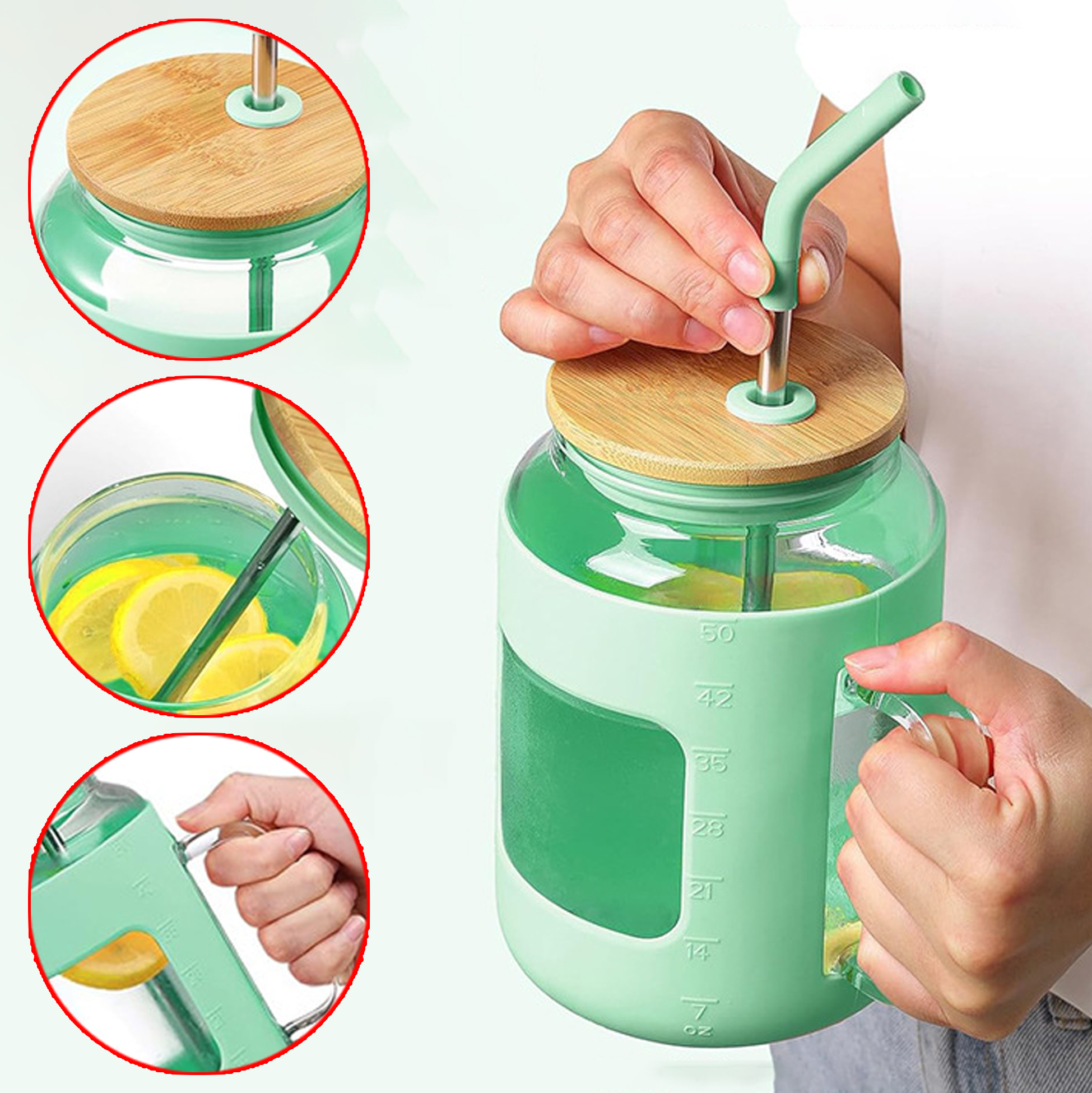 1200ML Glass Drinking Mug with Straw and Silicone Sleeve