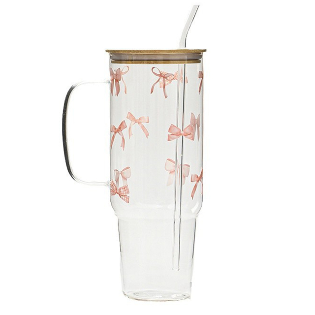 Bow - Patterned Glass Tumbler with Lid and Straw