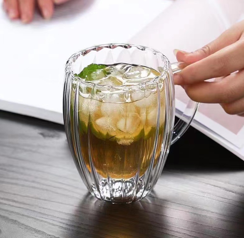 Double Walled Ribbed Glass Mug with Handle
