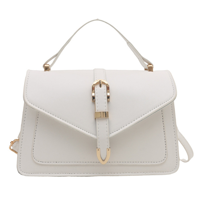 White Faux Leather Flap Shoulder Bag with Gold Buckle