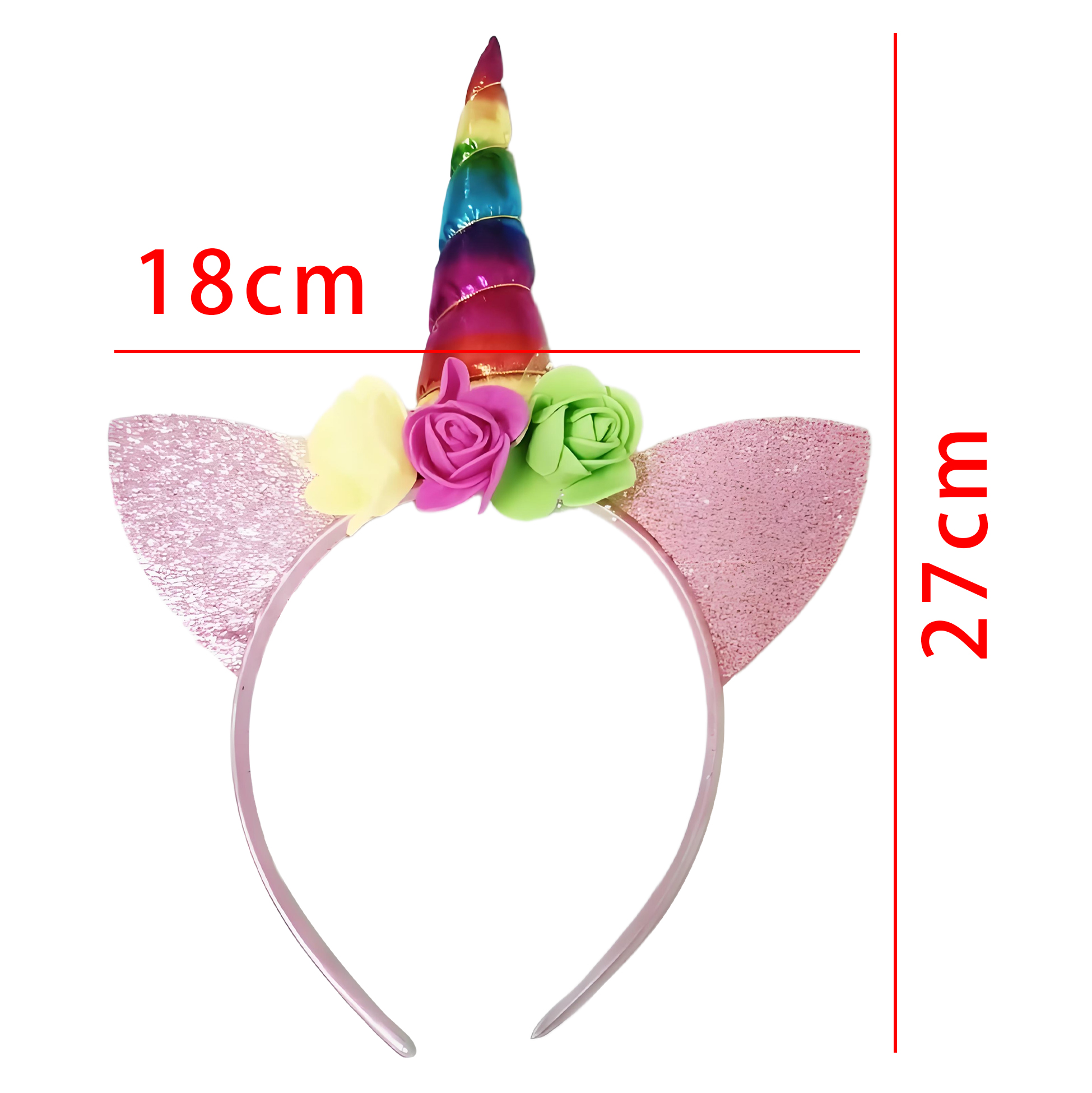 Rainbow Unicorn Headband with Glitter Ears and Flowers