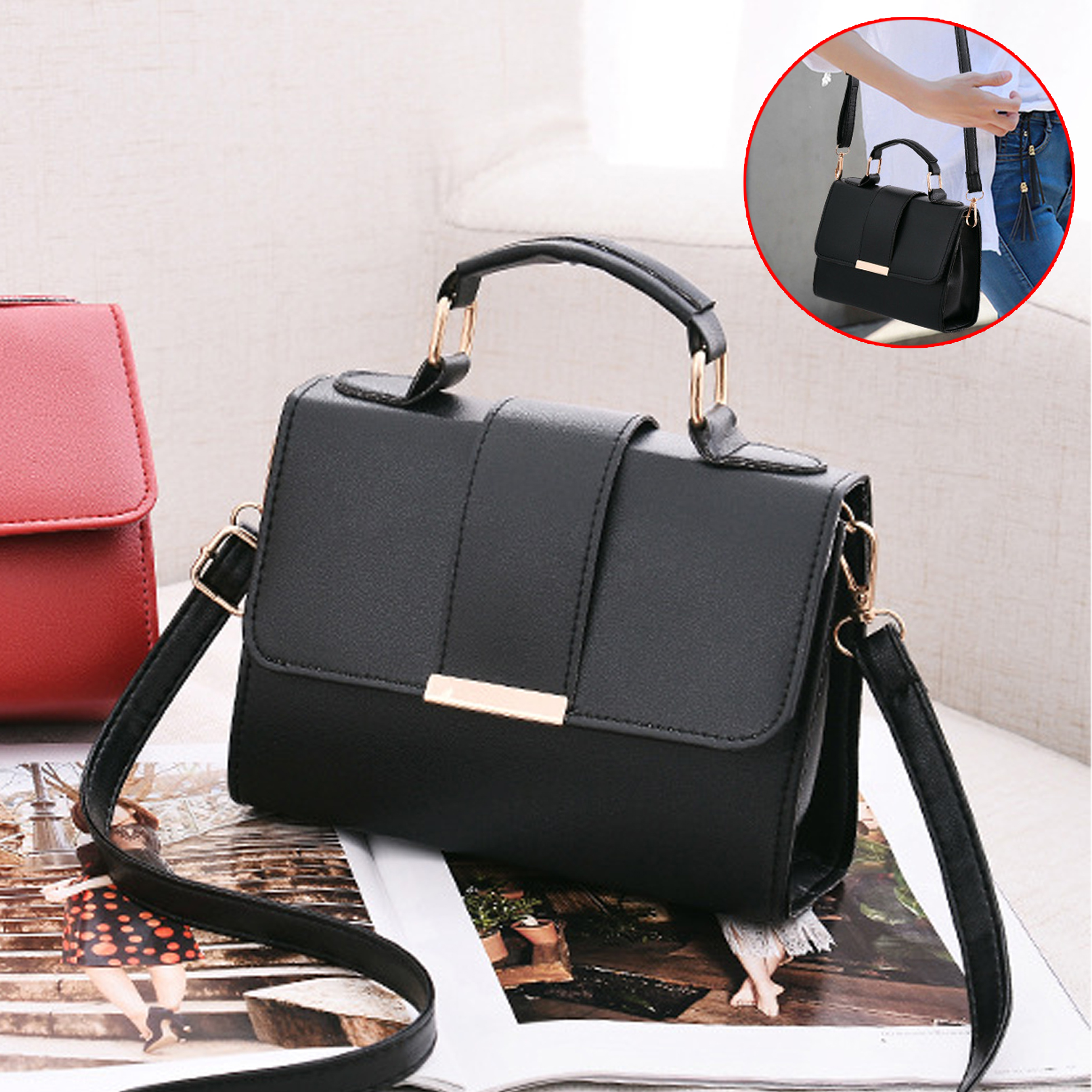 Black Leatherette Structured Satchel Handbag