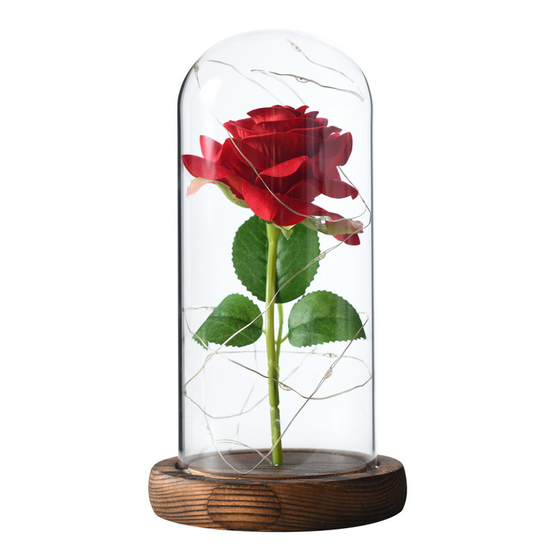 Preserved Red Rose in Glass Dome with LED Lights