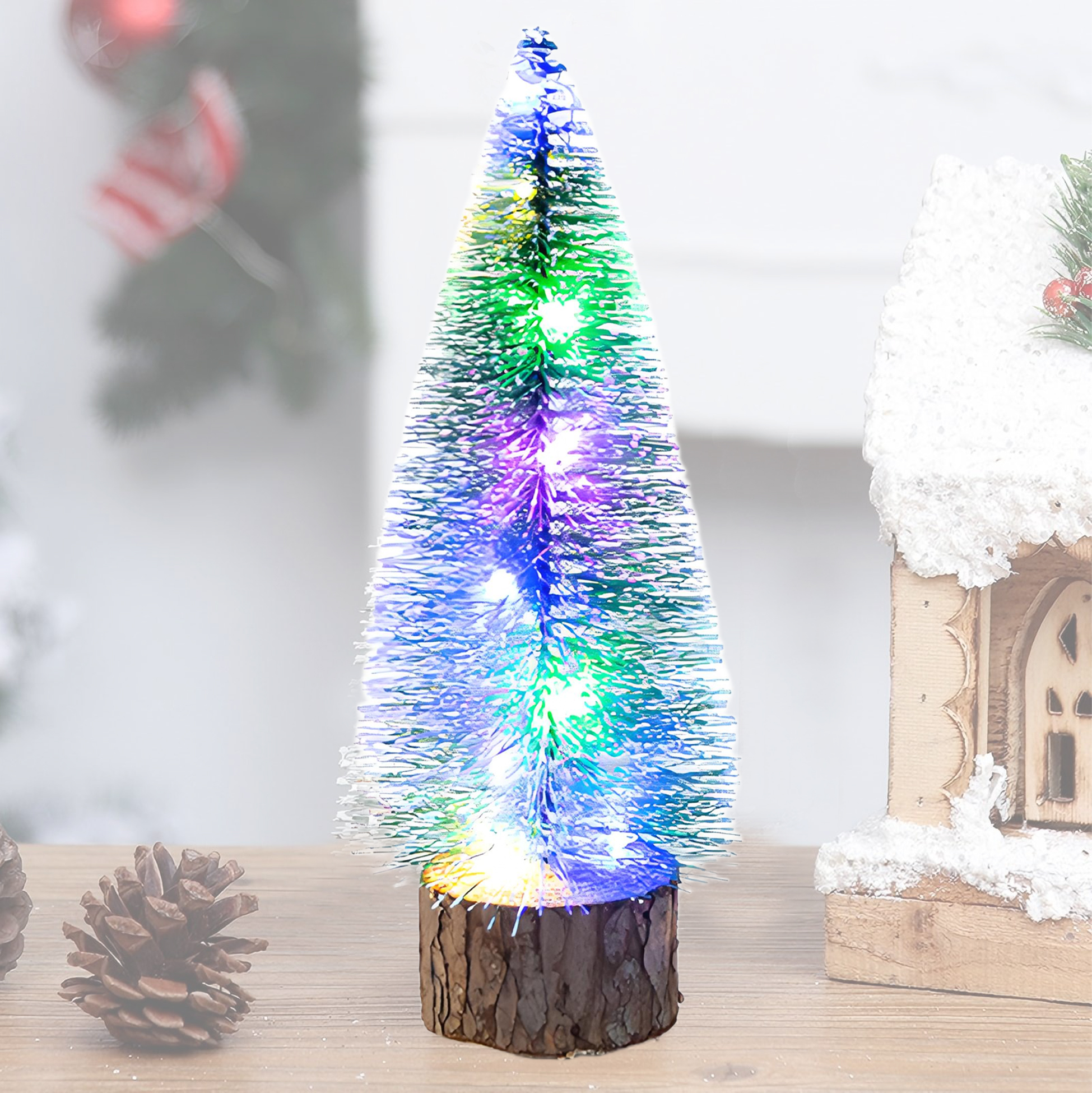 Mini LED Lit Artificial Christmas Tree with Log Base