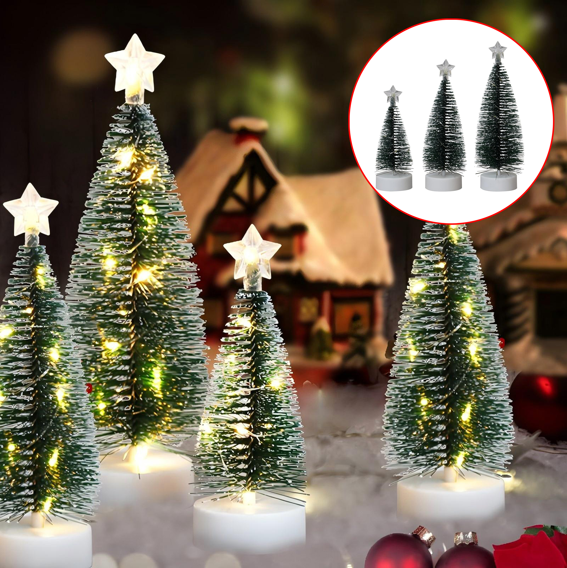 Set of 3 Mini Artificial Christmas Trees with Star Topperss