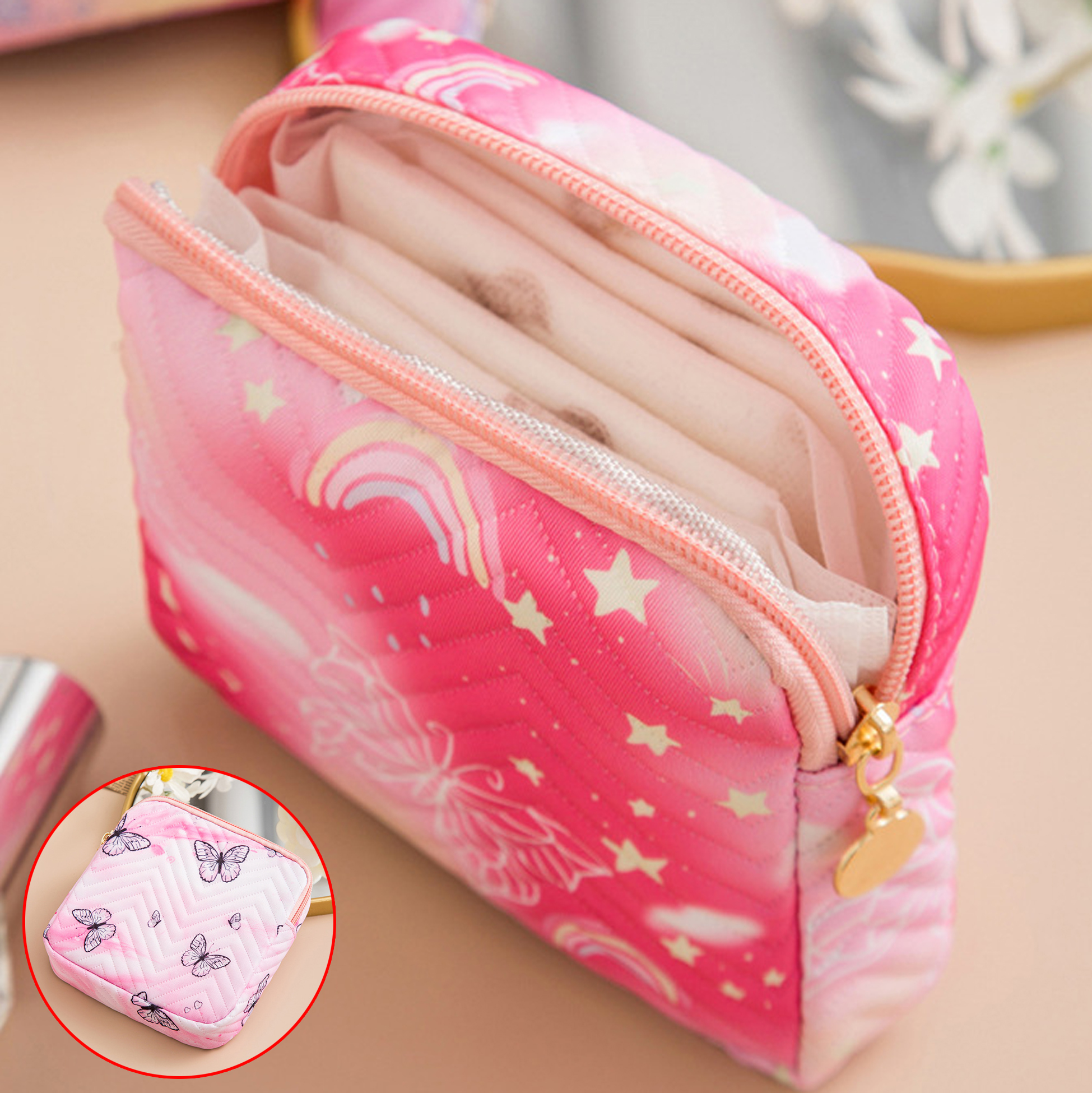 Pink Butterfly - Printed Quilted Makeup Bag