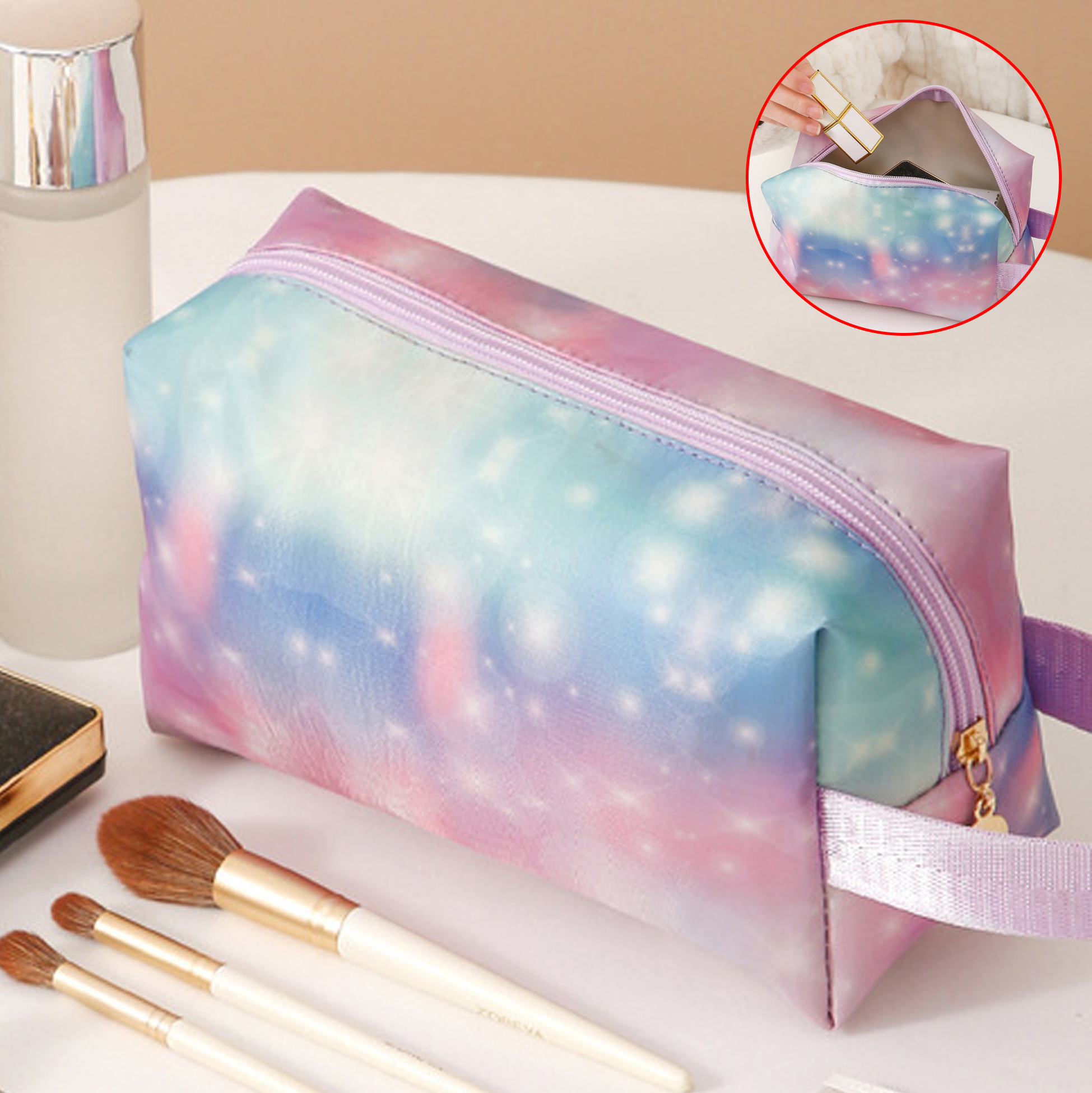 Pastel Rainbow Printed Makeup Bag with Carrying Strap