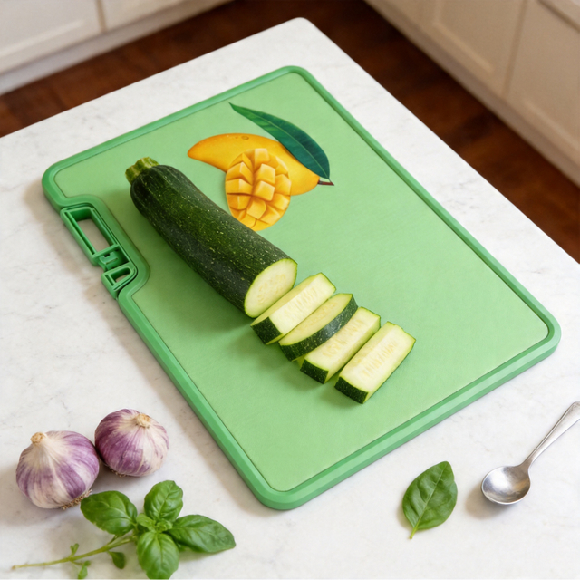 Dual-Sided Plastic Cutting Board with Built-in Knife Sharpener & Garlic Grinder