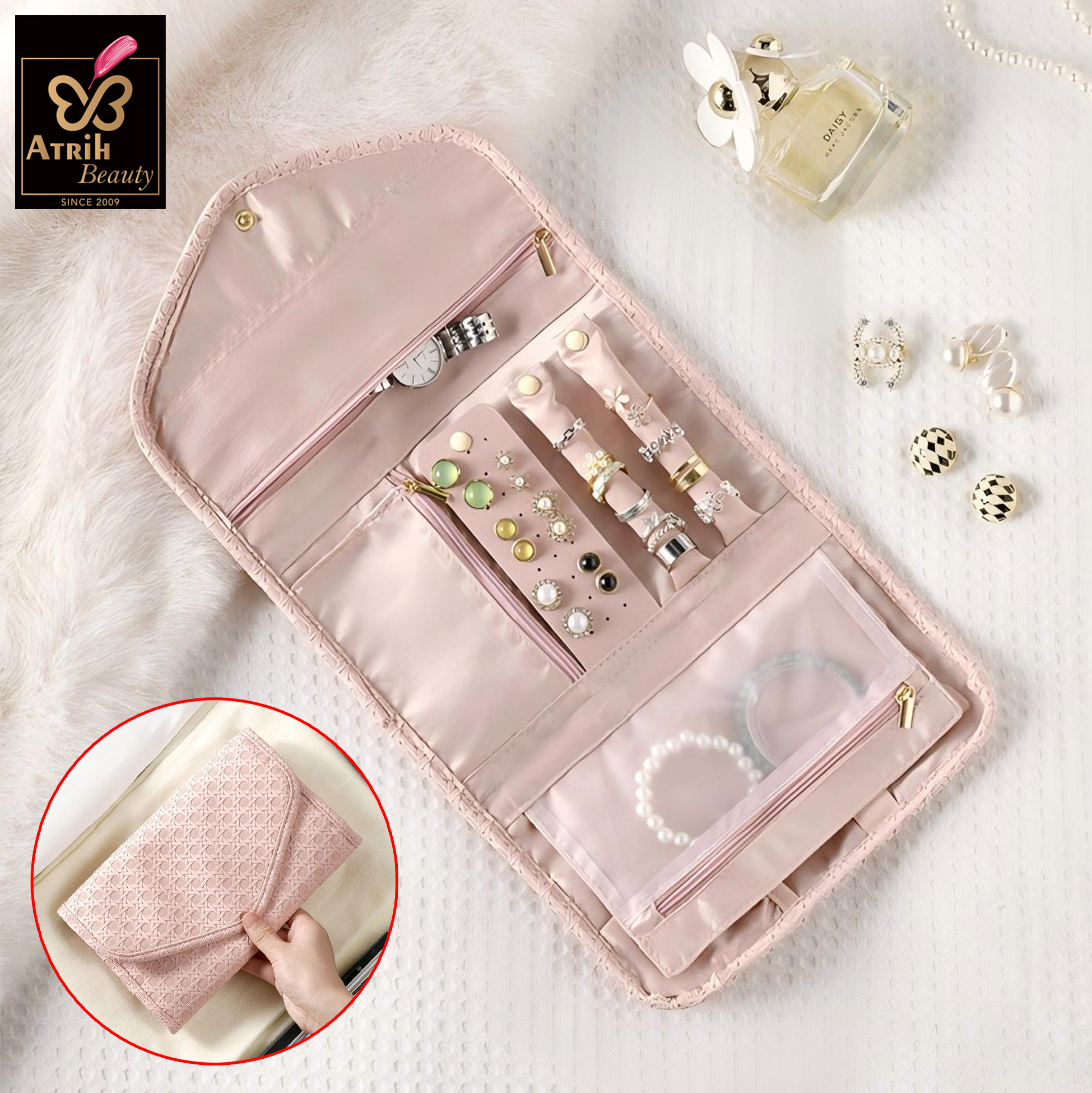 Pink Polyester Jewelry Organizer Wallet