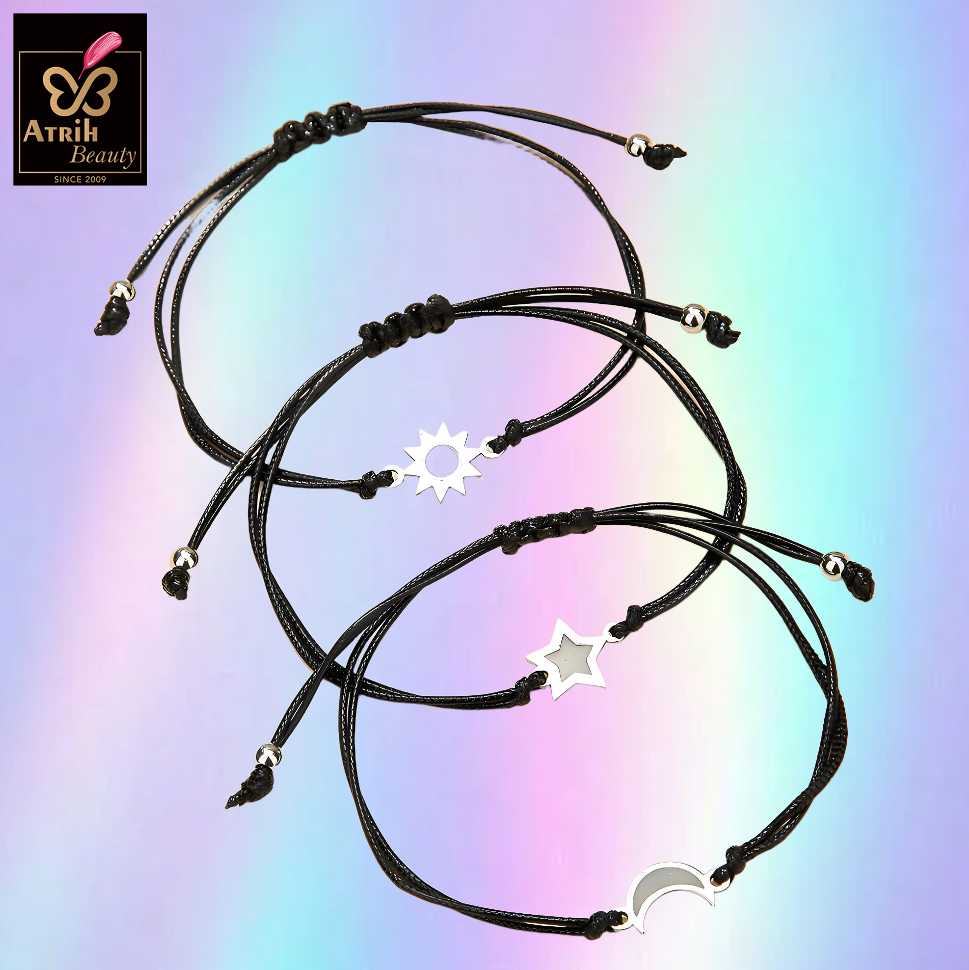 Adjustable Black Cord Bracelet with Celestial Symbol Charm