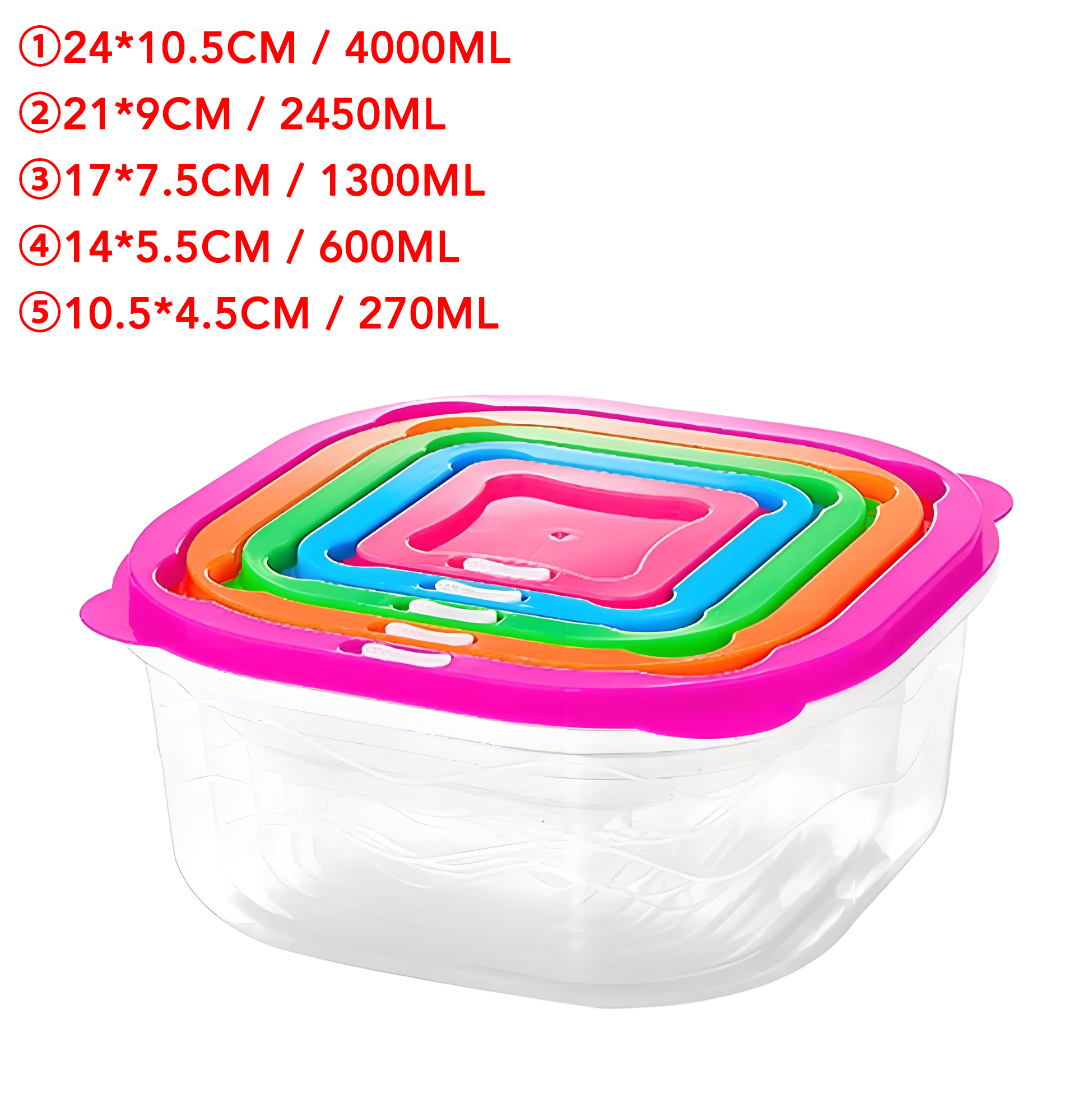 5 Piece Plastic Food Storage Bowl Set with Colorful Lids