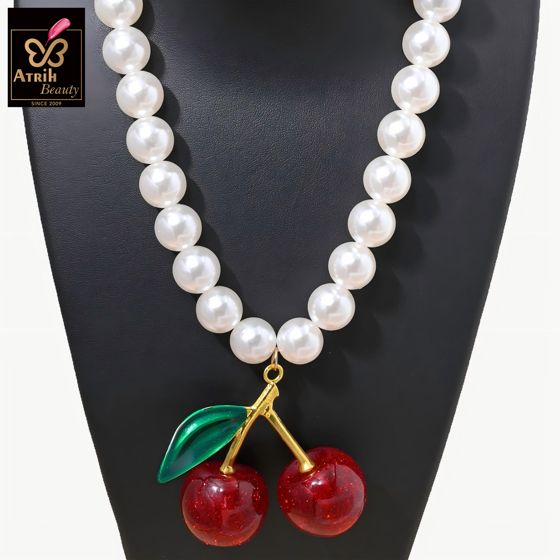 Pearl Necklace with Cherry Pendant Vintage Inspired Jewelry