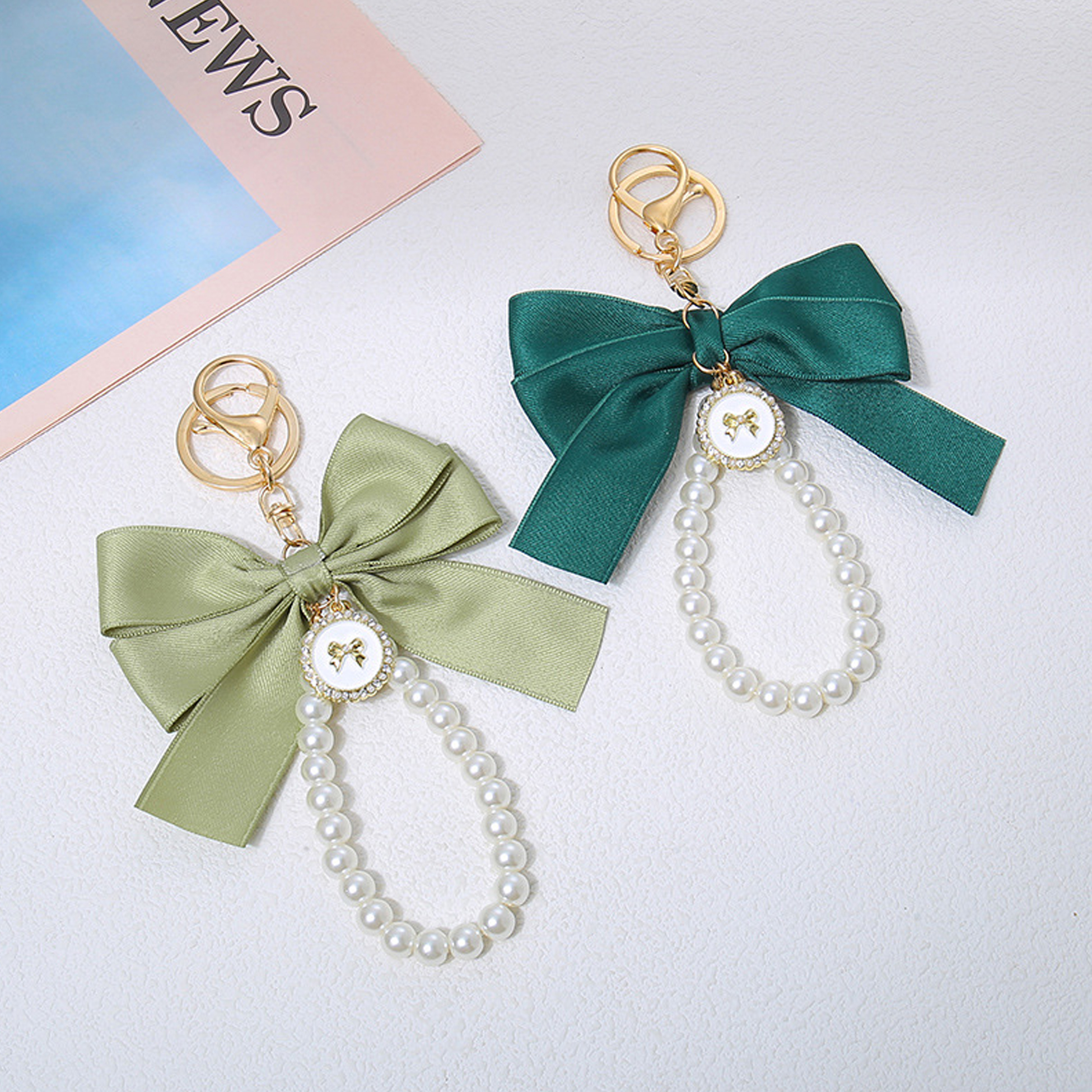 Green Bow - Adorned Pearl Keychain