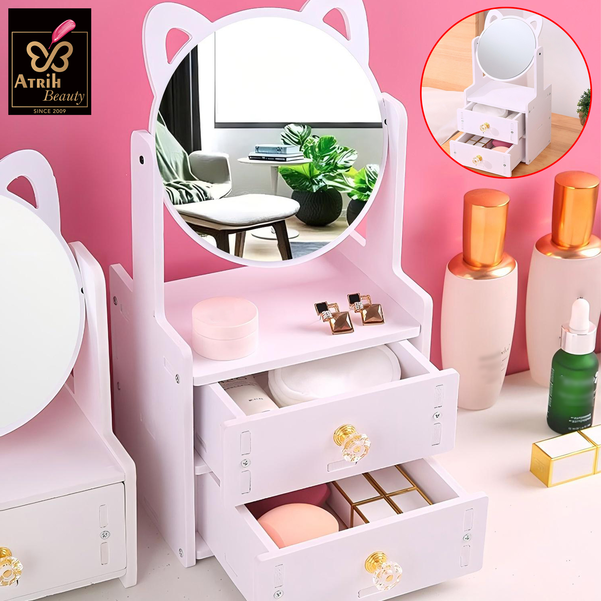 Desktop Cosmetic Storage Box with Makeup Mirror And Drawers