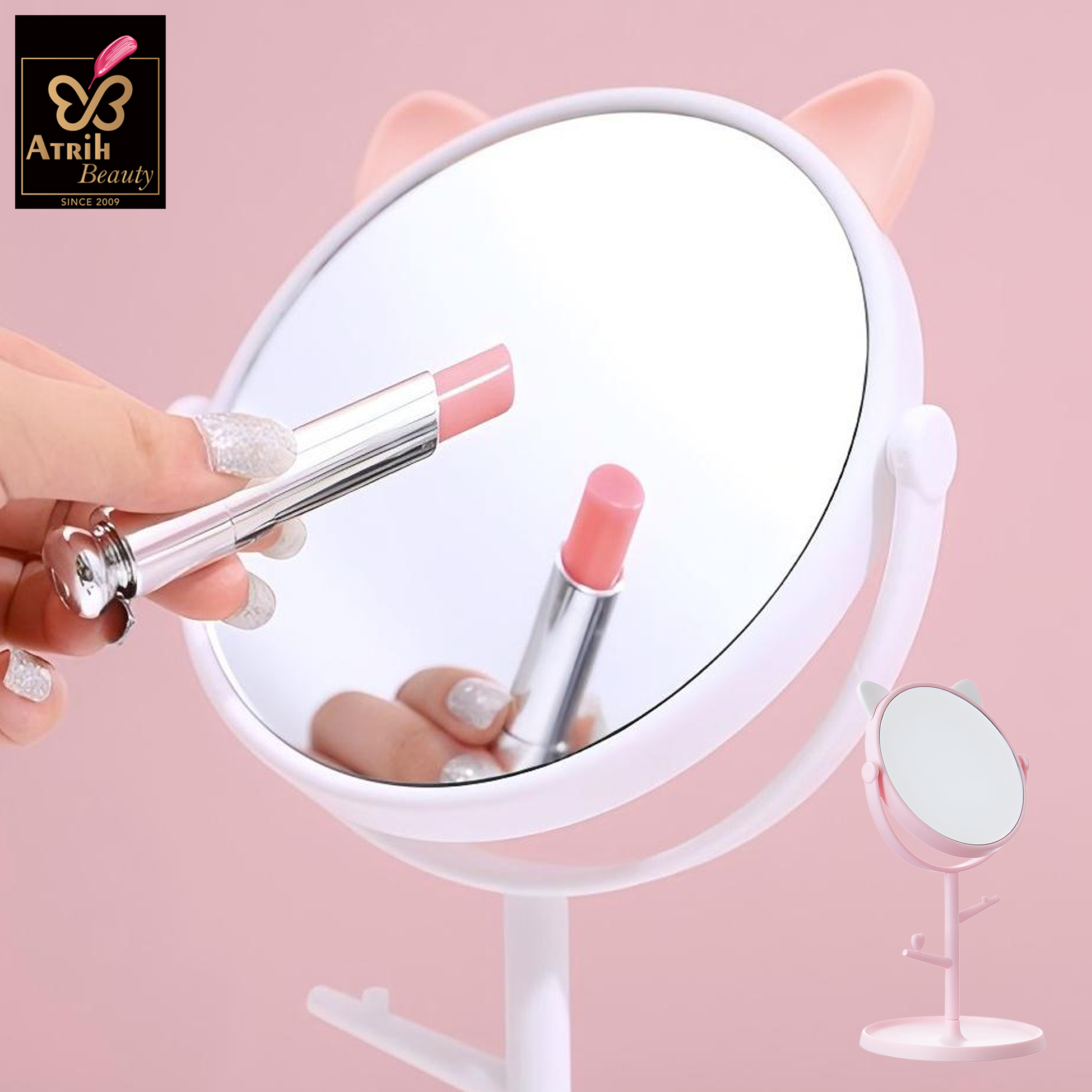 Pink Cat Inspired Desktop Makeup Mirror with Storage Hooks