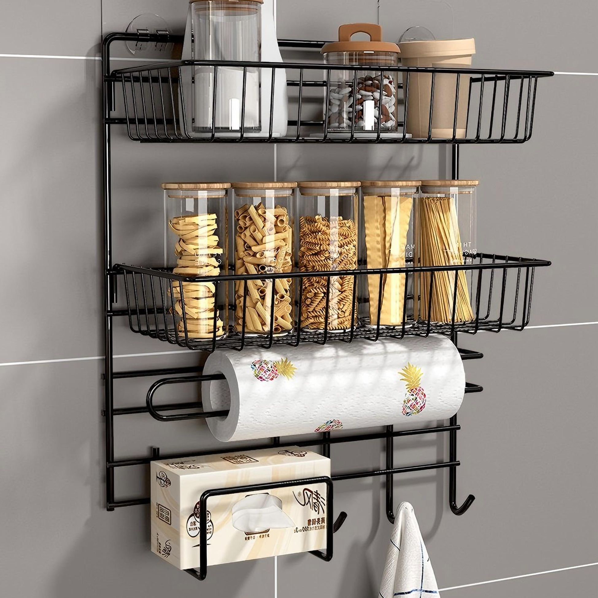 Black Metal 2 - Tier Kitchen Storage Rack with Hooks