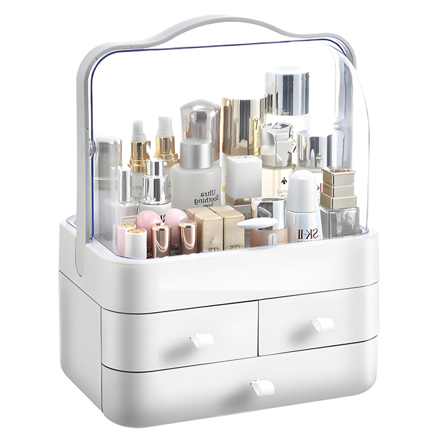 White Cosmetic Organizer with Transparent Lid & 3 Drawers