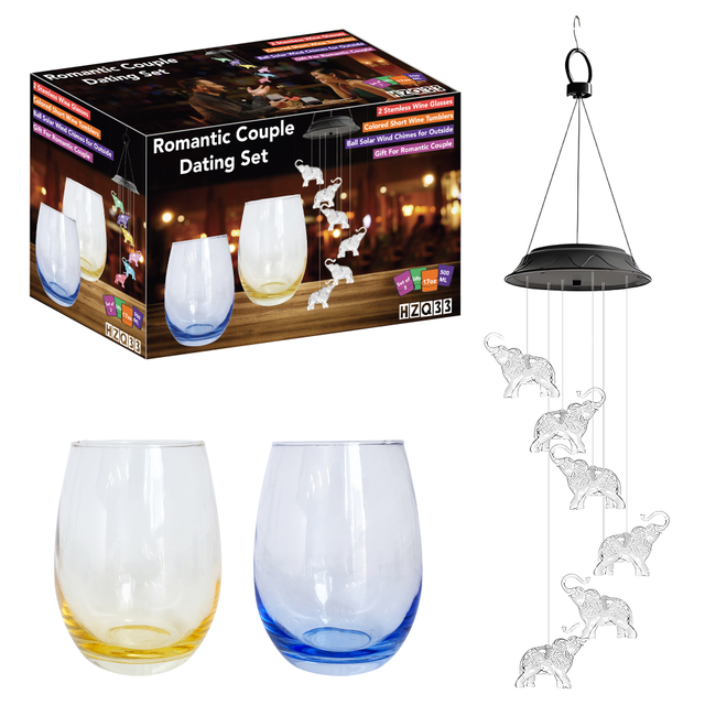 Elephant - Themed Wine Glass & Wind Chime Night Light Set