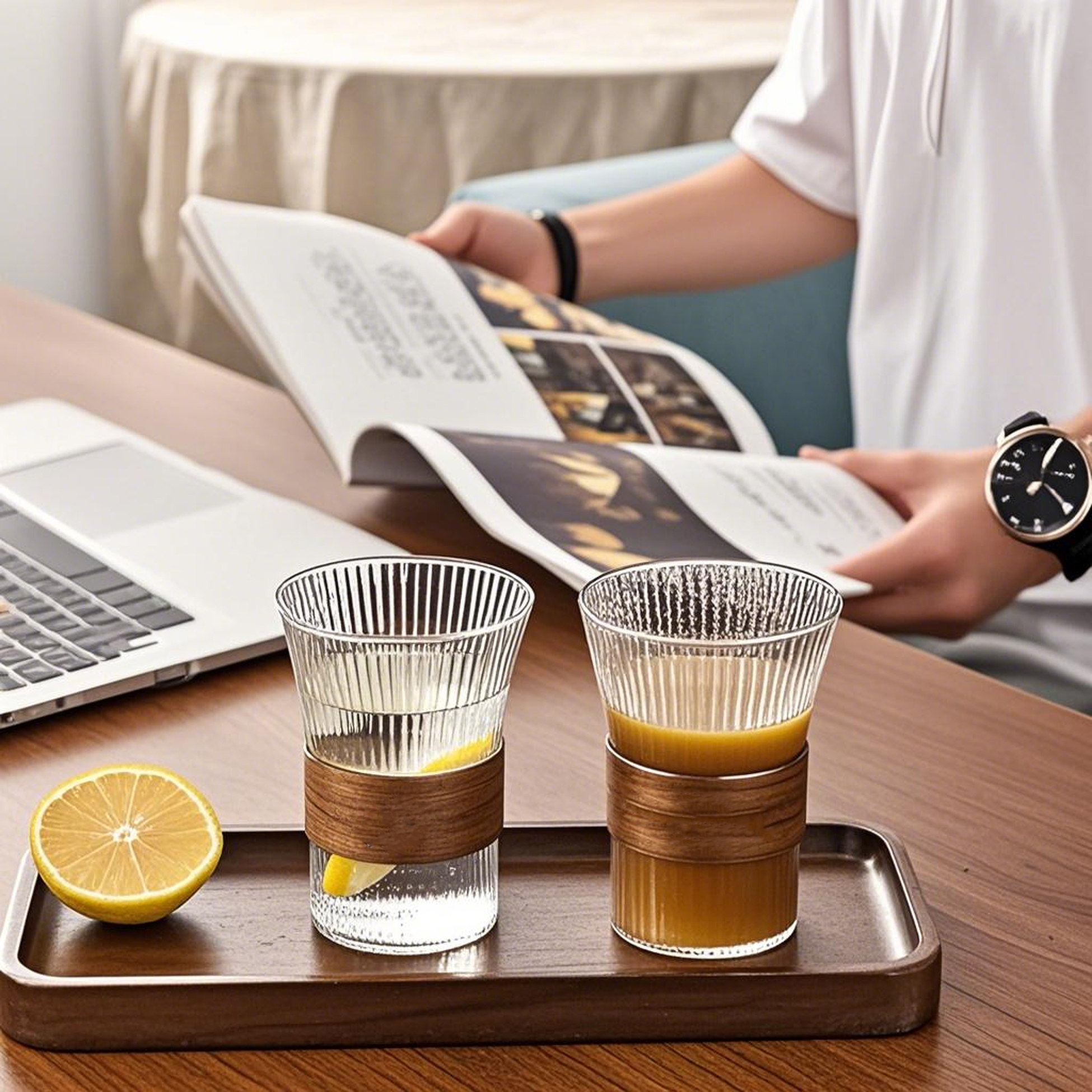400ML Ribbed Glass Cup with Wooden Band