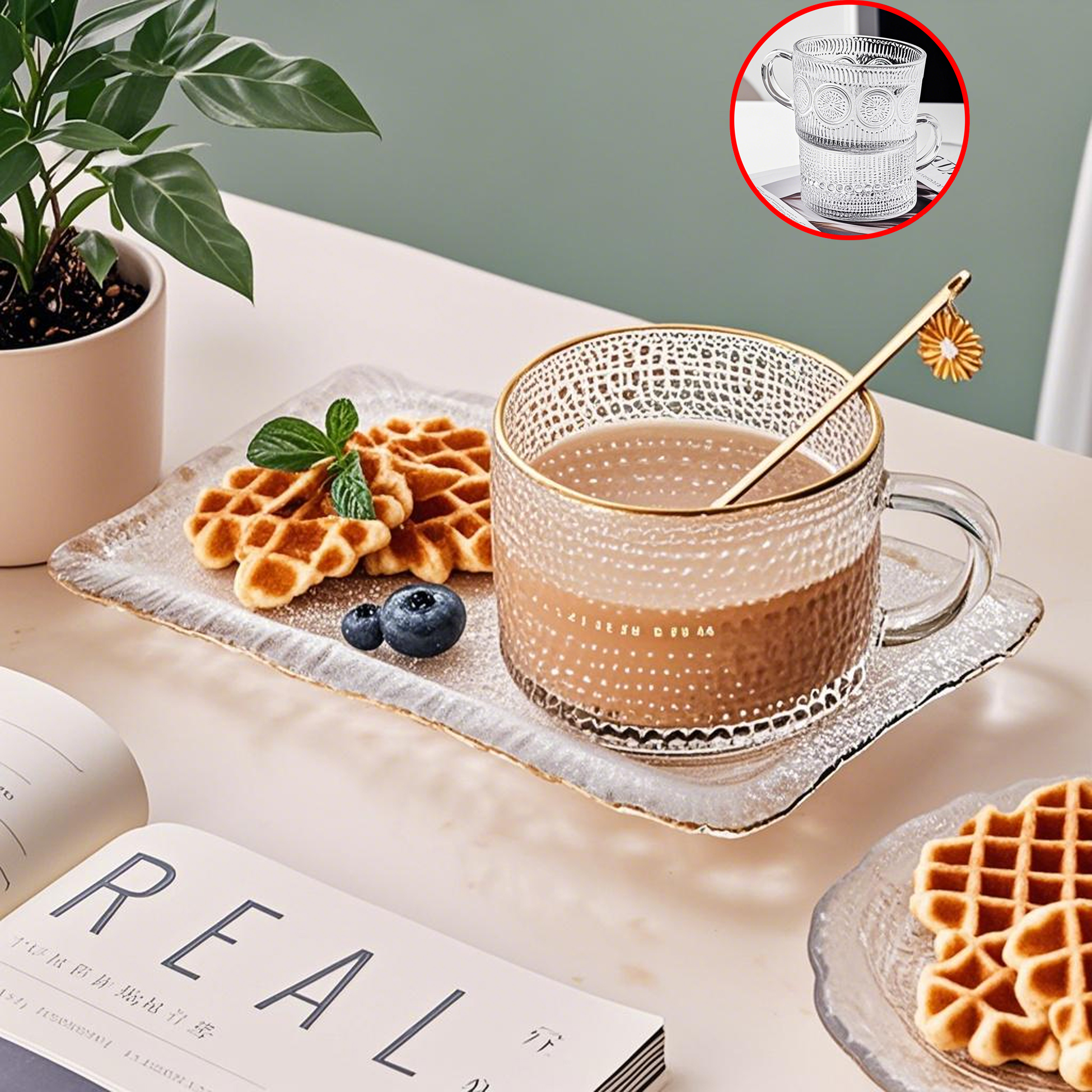 450ML Embossed Glass Mug with Handle