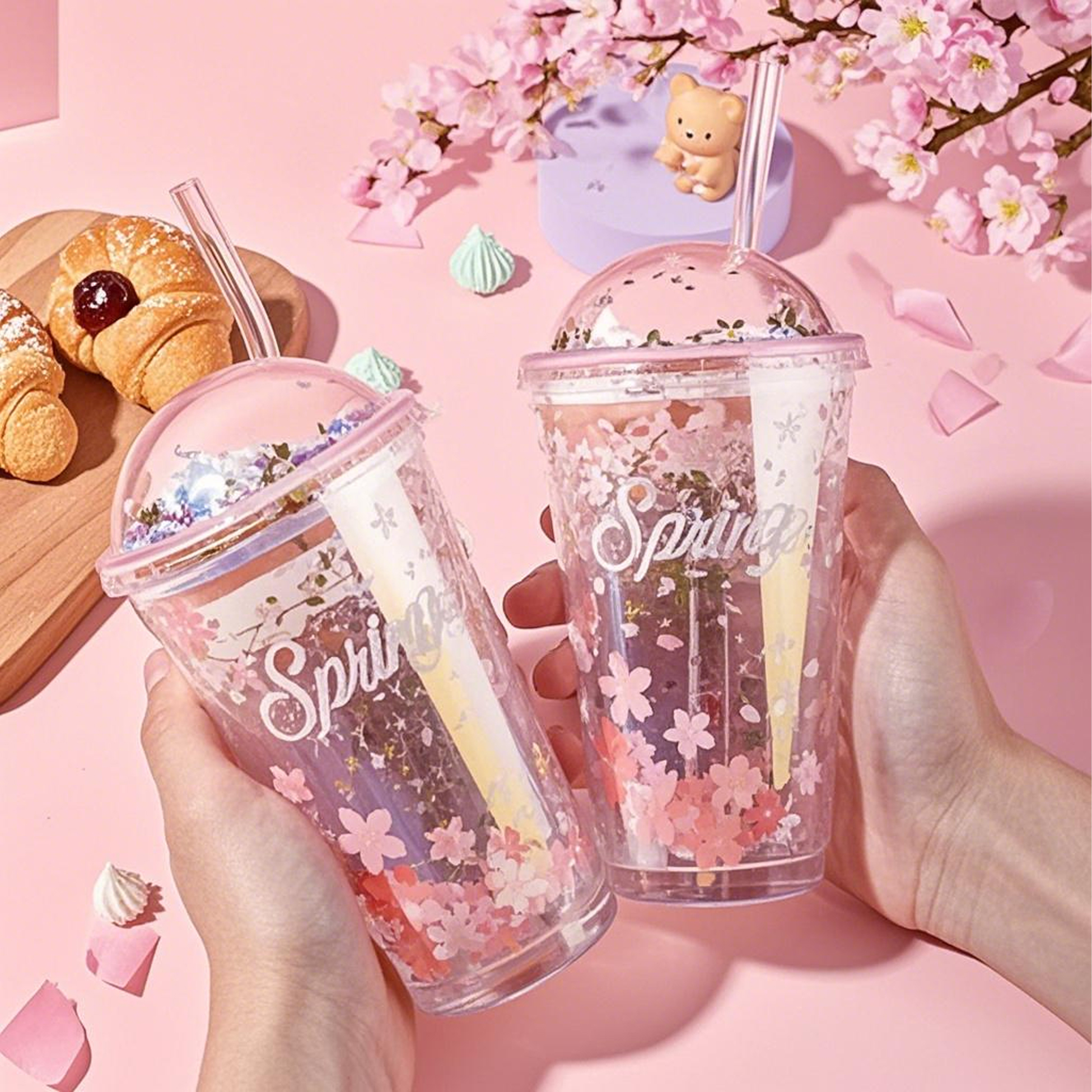 450ML Sakura Themed Glass Straw Cup