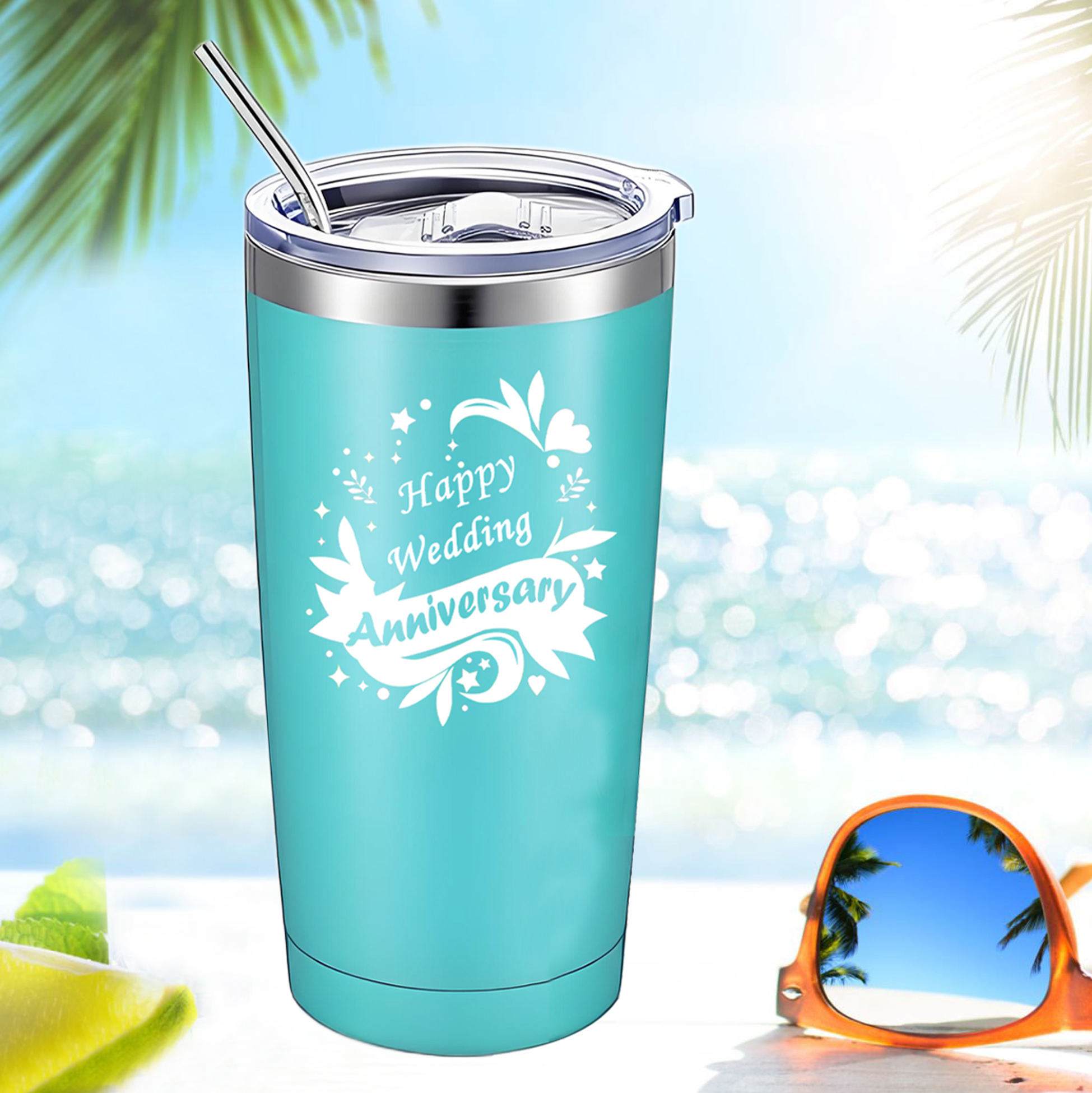 "Happy Wedding Anniversary" Stainless Steel Tumbler & Keychain Set